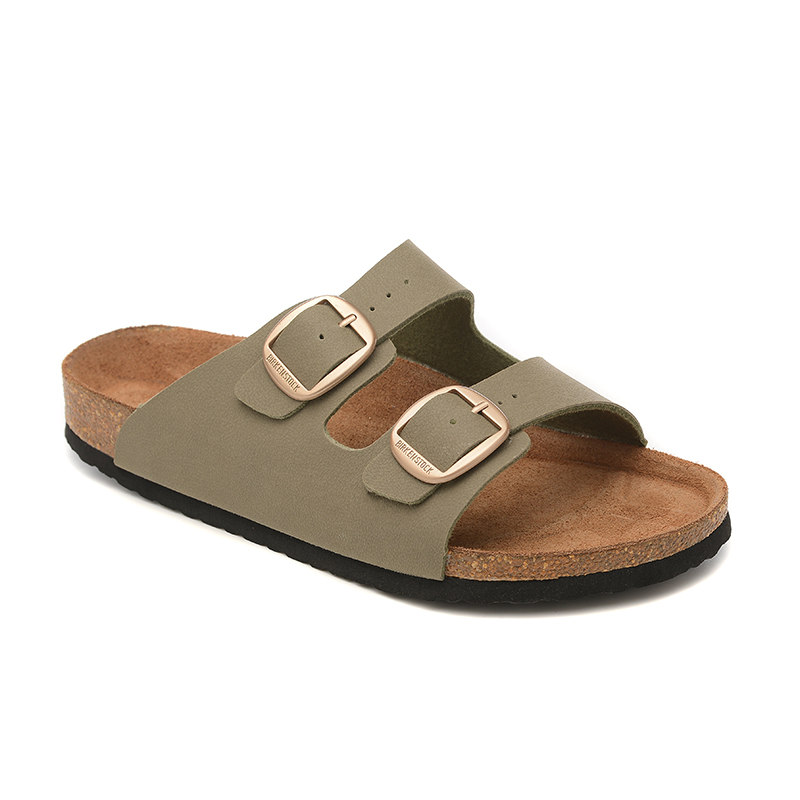 Birkenstock Two-Button Grayish Green Scrub Leather Casual Slippers
