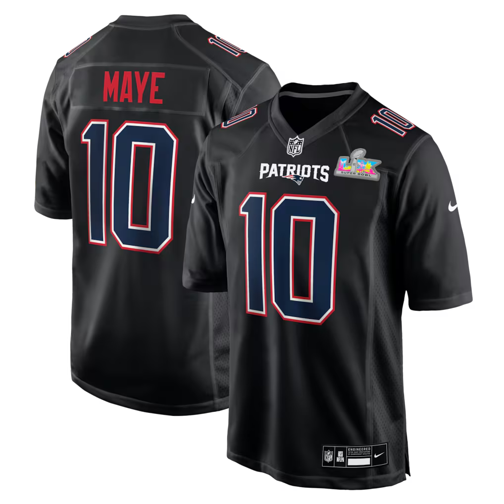 Men's New England Patriots Drake Maye #10 Black Super Bowl LX Patch Carbon Fashion Game Jersey