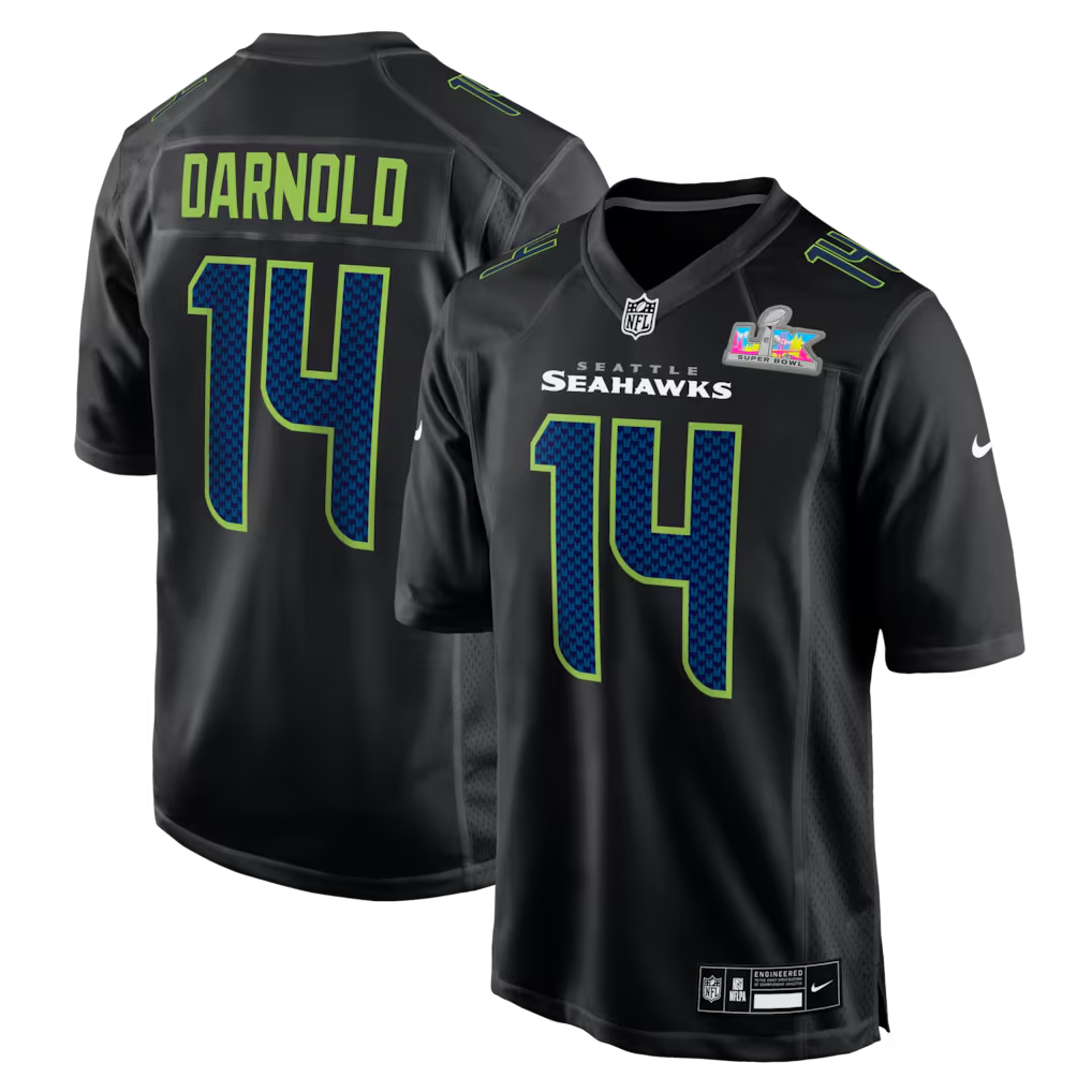 Men's Seattle Seahawks Sam Darnold #14 Black Super Bowl LX Patch Carbon Fashion Game Jersey