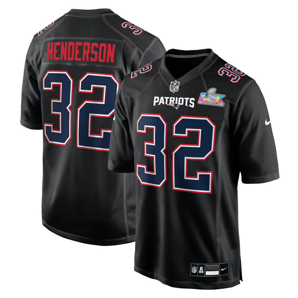 Men's New England Patriots TreVeyon Henderson #32 Black Super Bowl LX Patch Carbon Fashion Game Jersey