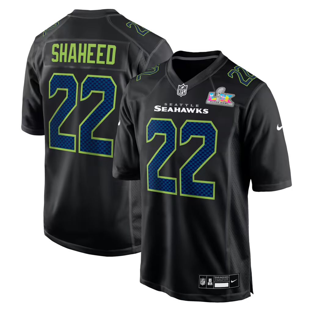 Men's Seattle Seahawks Rashid Shaheed #22 Black Super Bowl LX Patch Carbon Fashion Game Jersey