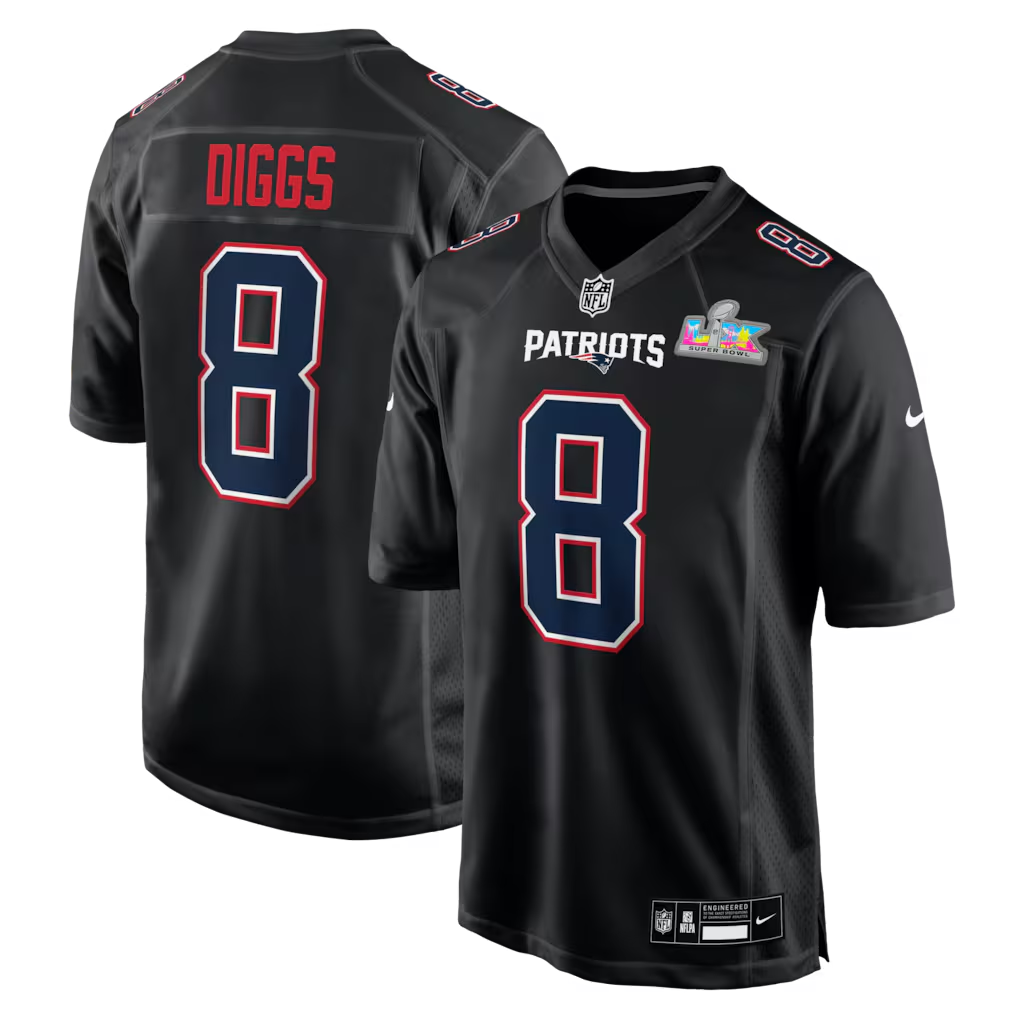 Men's New England Patriots Stefon Diggs #8 Black Super Bowl LX Patch Carbon Fashion Game Jersey