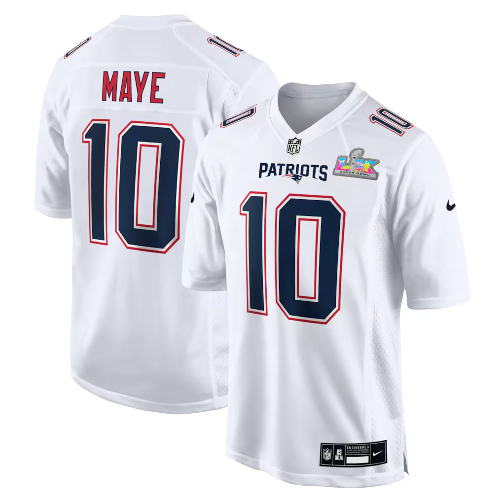 Men's New England Patriots Drake Maye #10 White Super Bowl LX Patch Tundra Fashion Game Jersey