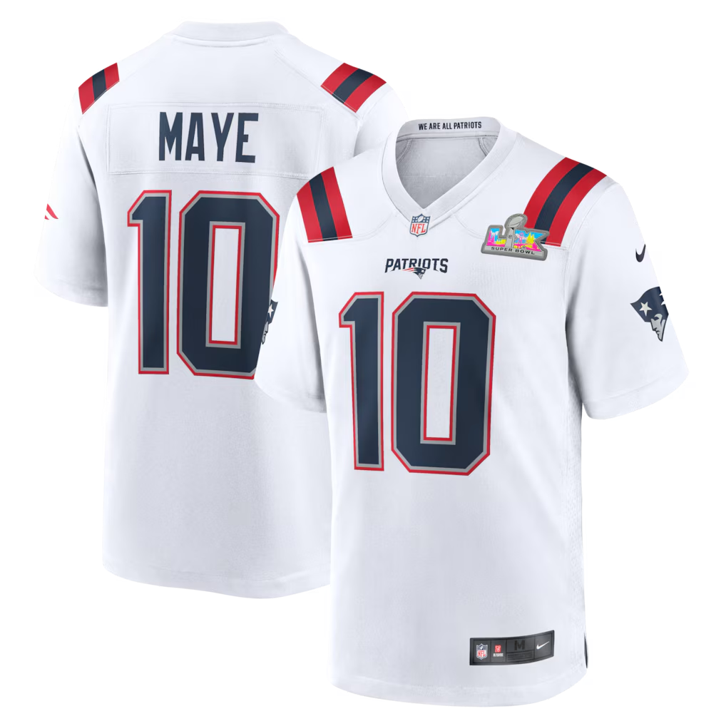 Men's New England Patriots Drake Maye #10 White Super Bowl LX Patch Game Jersey