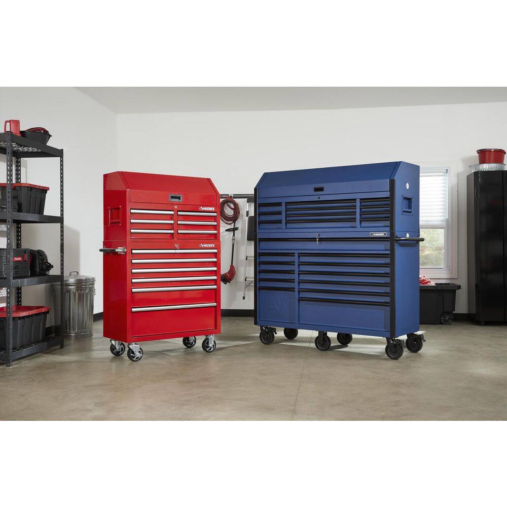 Husky 56 in. W x 22 in. D Heavy Duty 23-Drawer Combination Rolling Tool Chest and Top Tool Cabinet Set in Matte Blue