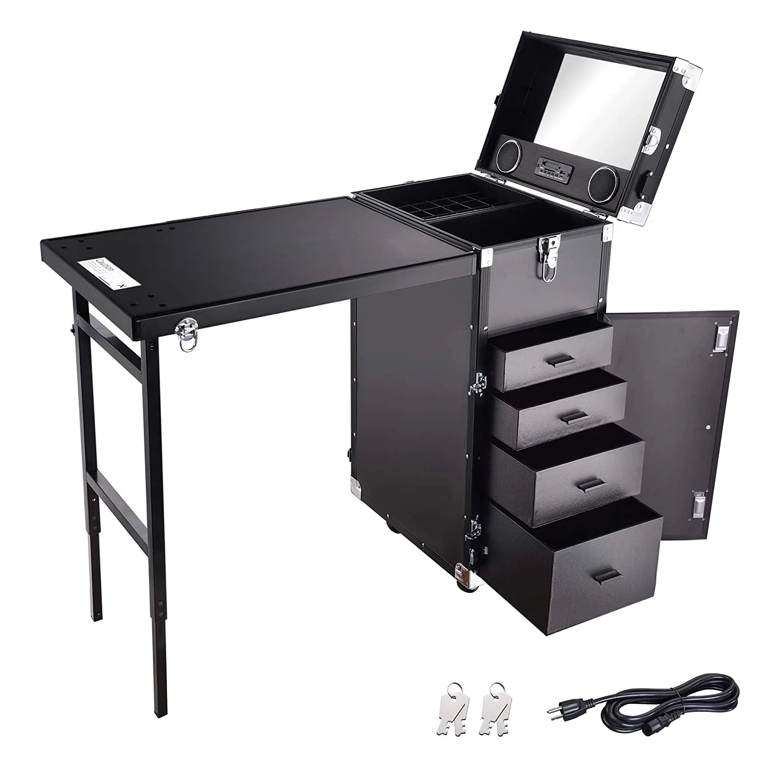 BYOOTIQUE Nail Desk Mobile Station Rolling Makeup Train Case Trolley Cosmetic Manicure Table Mirror 4 Drawers Pink