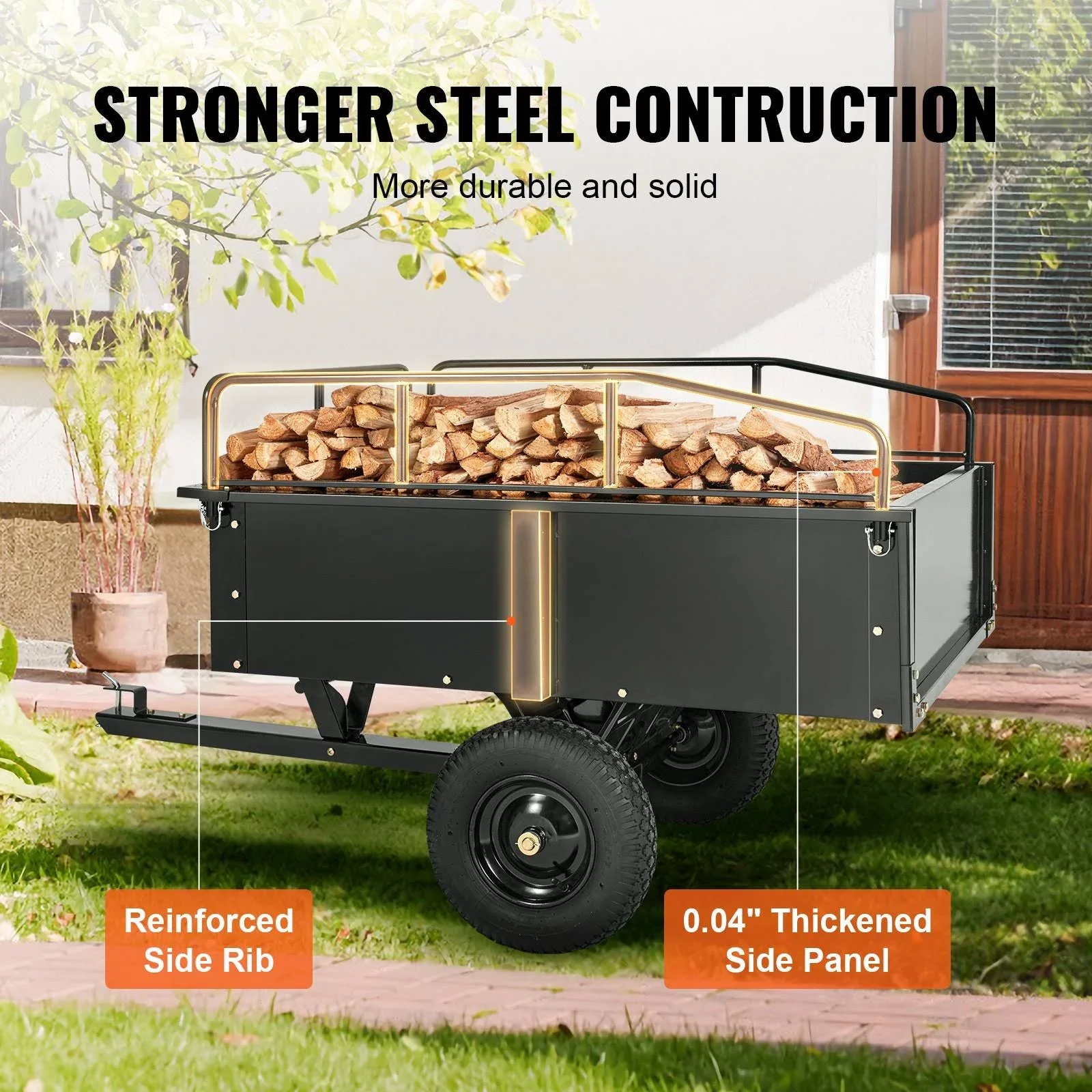 VEVOR Heavy Duty ATV Trailer Steel Dump Cart, 750-Pound 15 Cubic Feet, Garden Utility Trailer with Removable Sides for Riding L