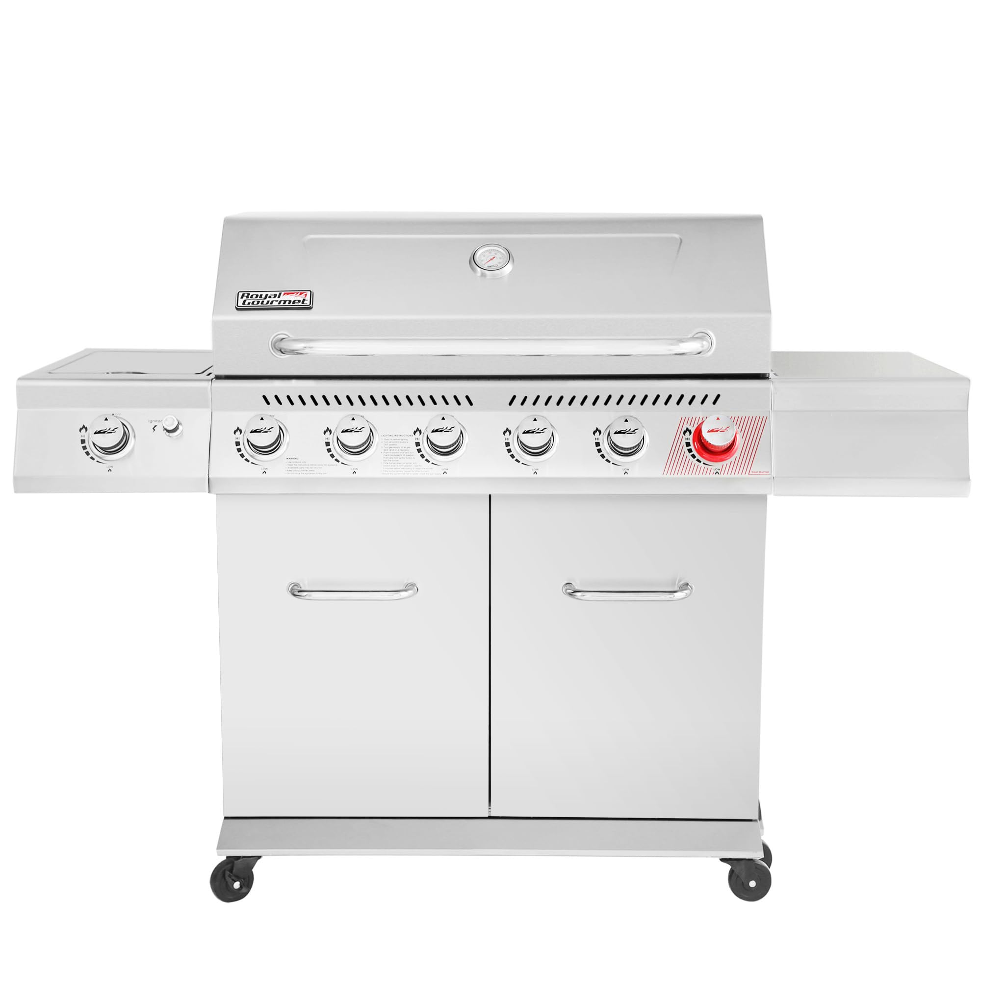 Gourmet GA6402S Stainless Steel Gas Grill, Premier 6-Burner Propane Grill with Sear Burner and Side Burner, 74,000 BTU, Cabinet Style, Outdoor BBQ Party Grill, Silver