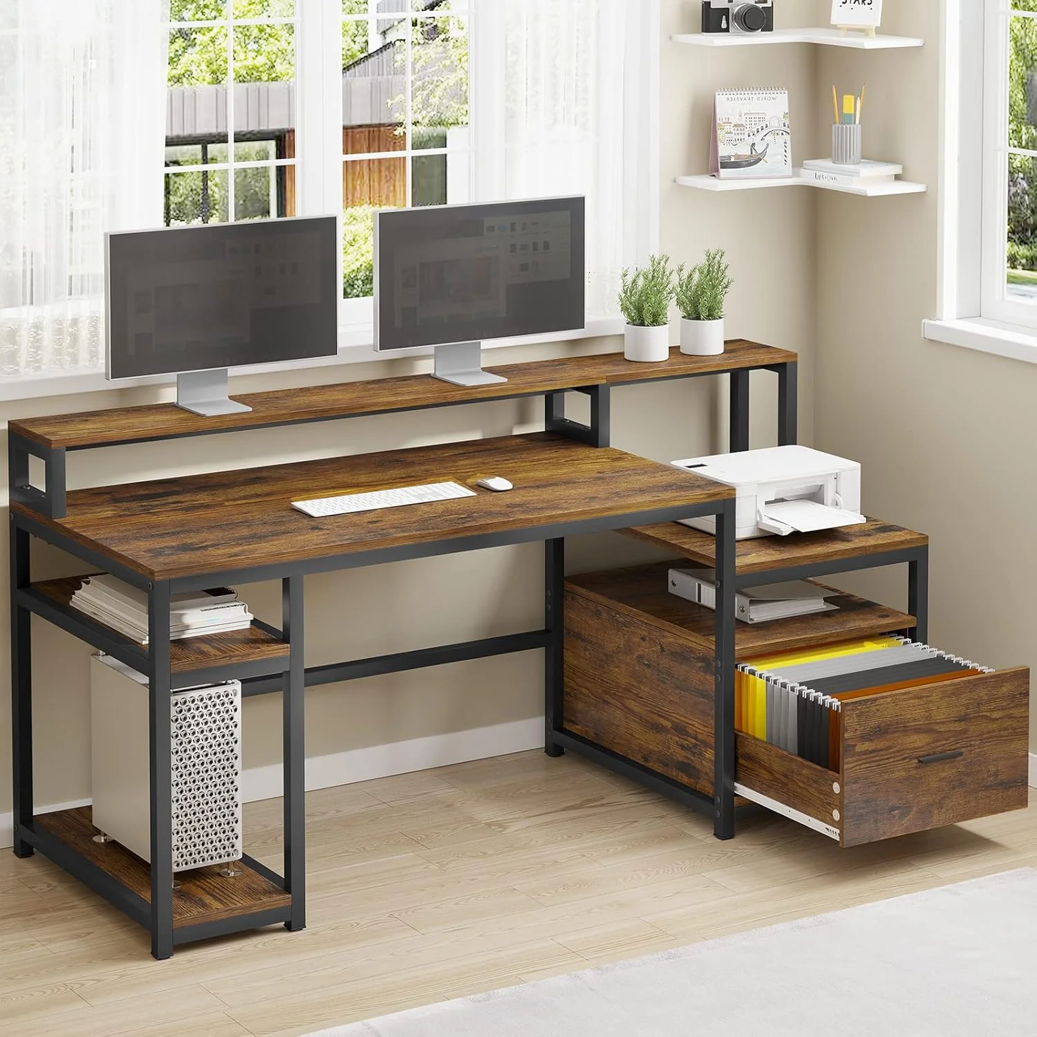 White Computer Desk with 5 Drawer & Power Outlet, 66'' Home Office Desk with File Drawer, Storage Shelves, Printer Cabinet and Monitor Shelf, Gaming Desk with Led Lights