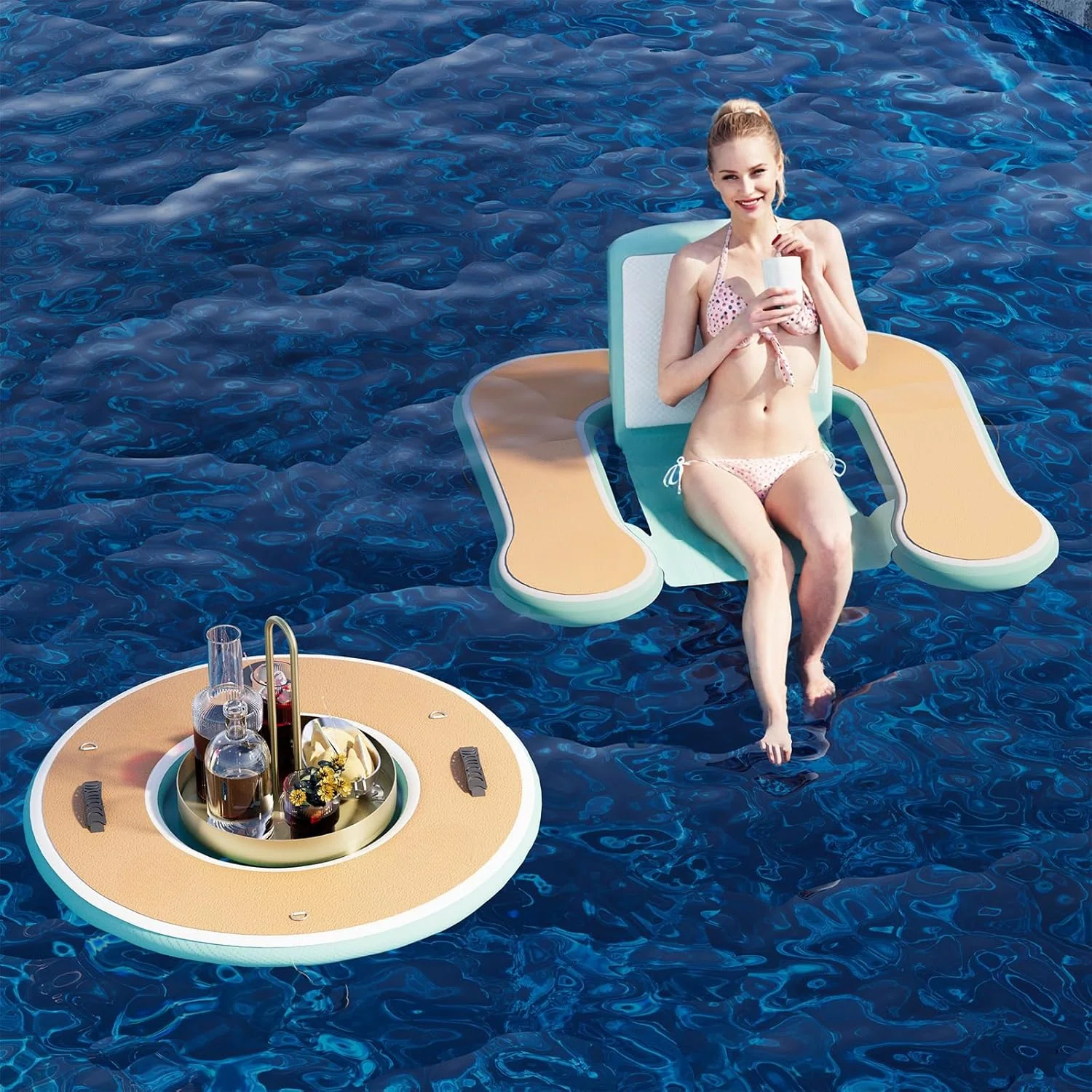 Round Inflatable Floating Dock, Sunchill Float Ring, Hammock Tanning Pool with 4in Woven Fabric, Manual Pump for 1-2 Min Quick Inflate/Deflate, Fits 2-8, Ideal for Lakes, Pools, Oceans