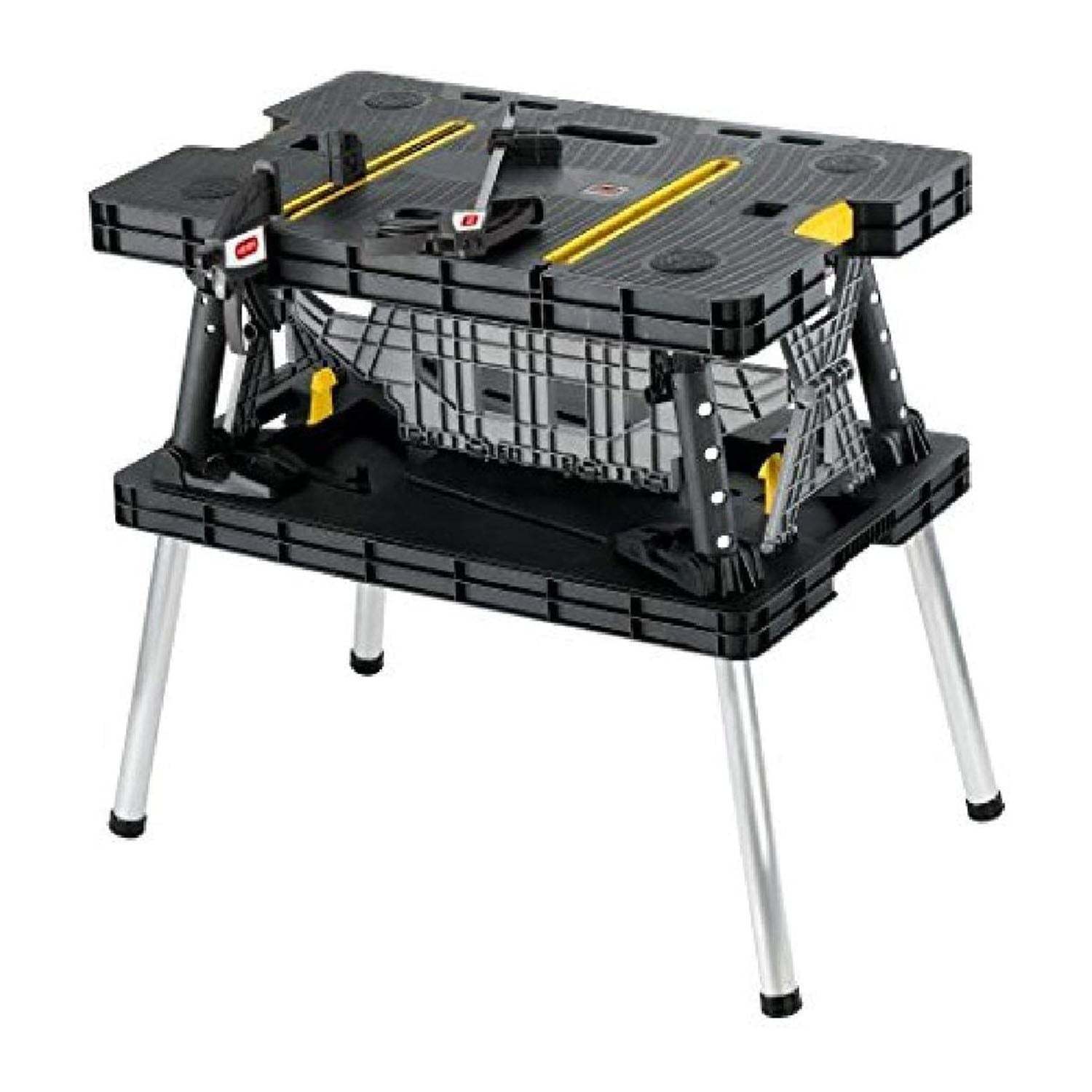 Keter Portable Folding Workbench Sawhorse with Clamps, Black/Yellow, Heavy-Duty Resin
