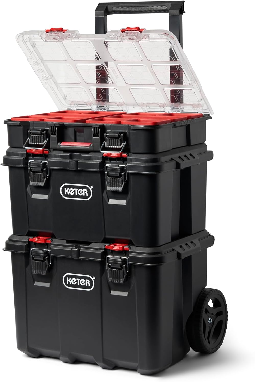 Keter Stack-n-Roll Modular Tools Organizer for Garage Storage and DIY. 3 Piece Resin Rolling Tool Box System for Small Parts