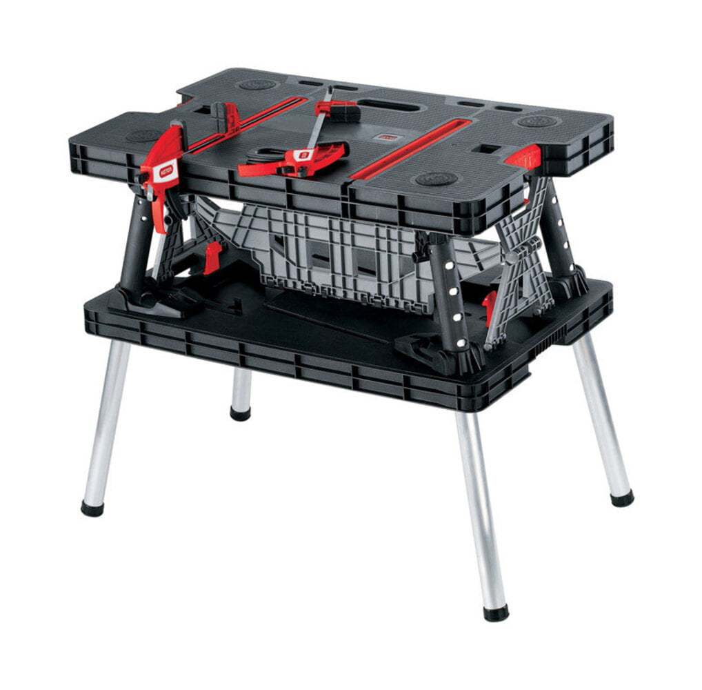 Keter Portable Folding Workbench Sawhorse with Clamps, Black/Yellow, Heavy-Duty Resin