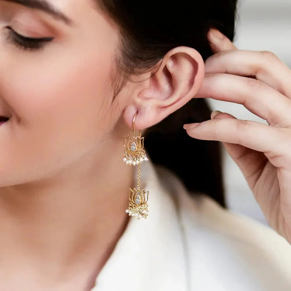 925 Sterling Silver Lotus Sui Dhaga Earring