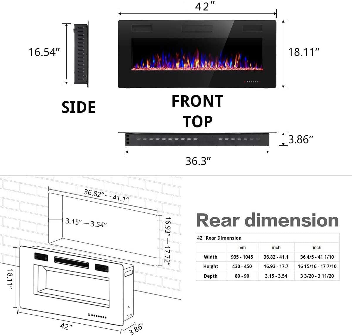 60′′ Electric Fireplace – Remote Control, Adjustable Flames