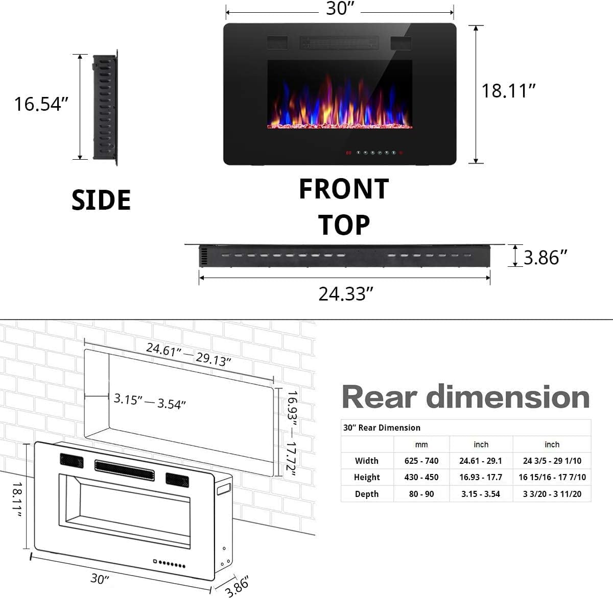 60′′ Electric Fireplace – Remote Control, Adjustable Flames