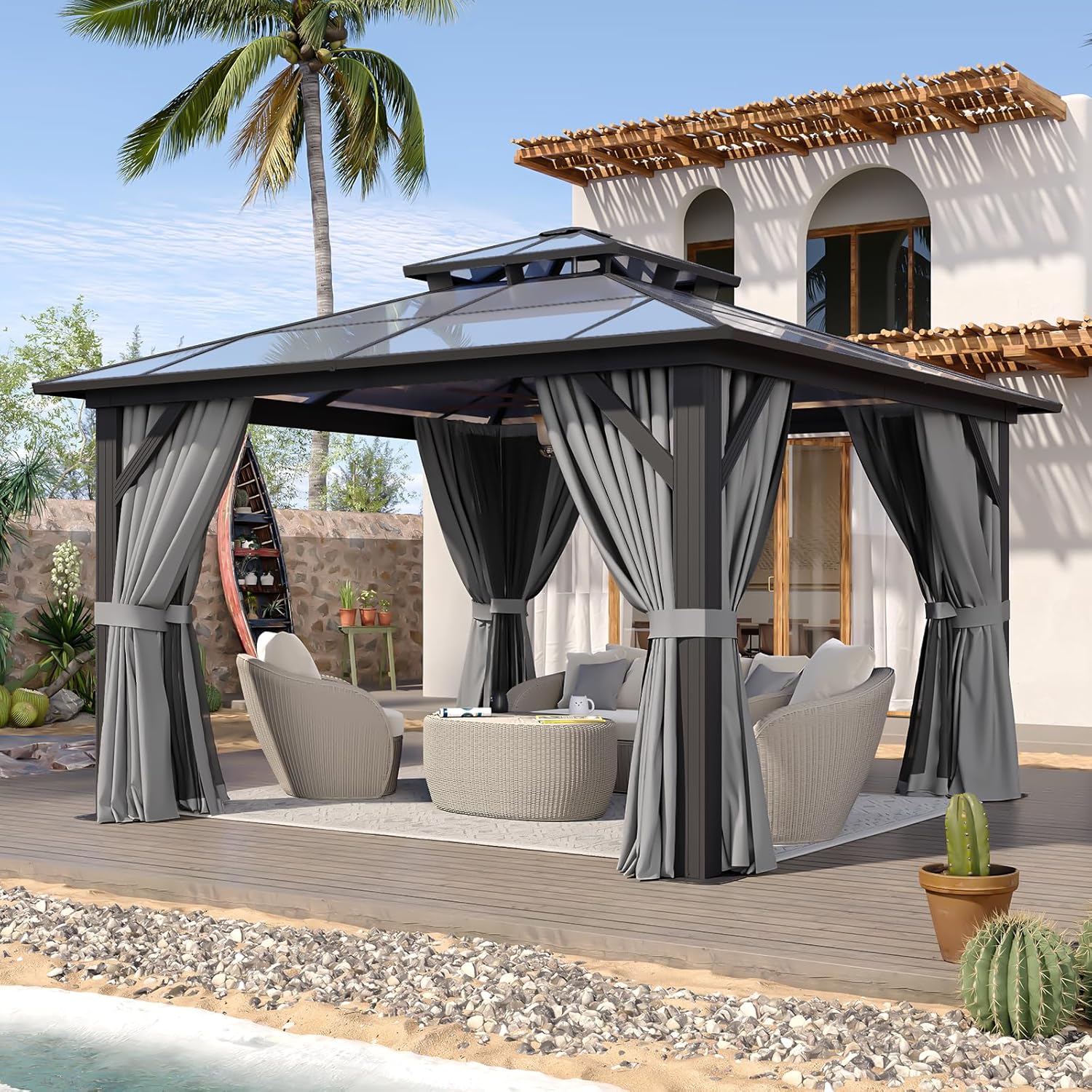 12’X10′ Hardtop Gazebo with Curtains and Netting