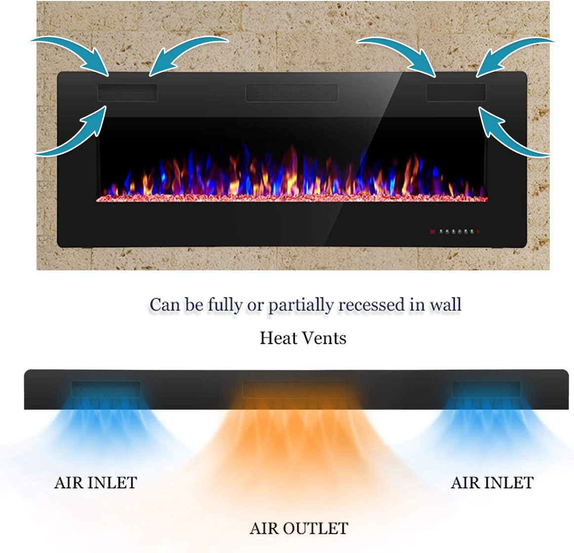 60′′ Electric Fireplace – Remote Control, Adjustable Flames