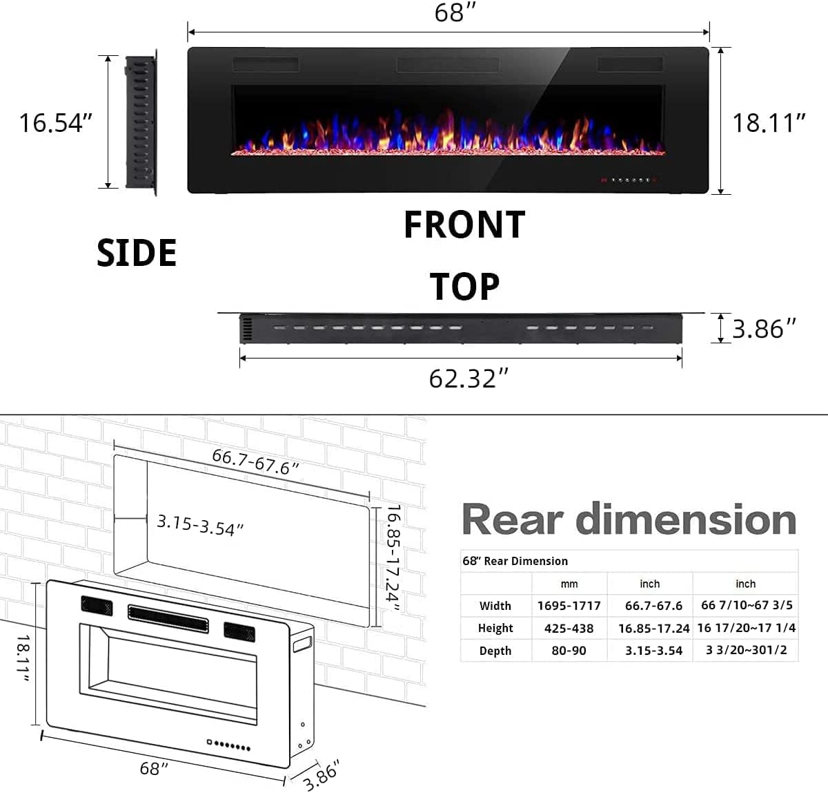60′′ Electric Fireplace – Remote Control, Adjustable Flames