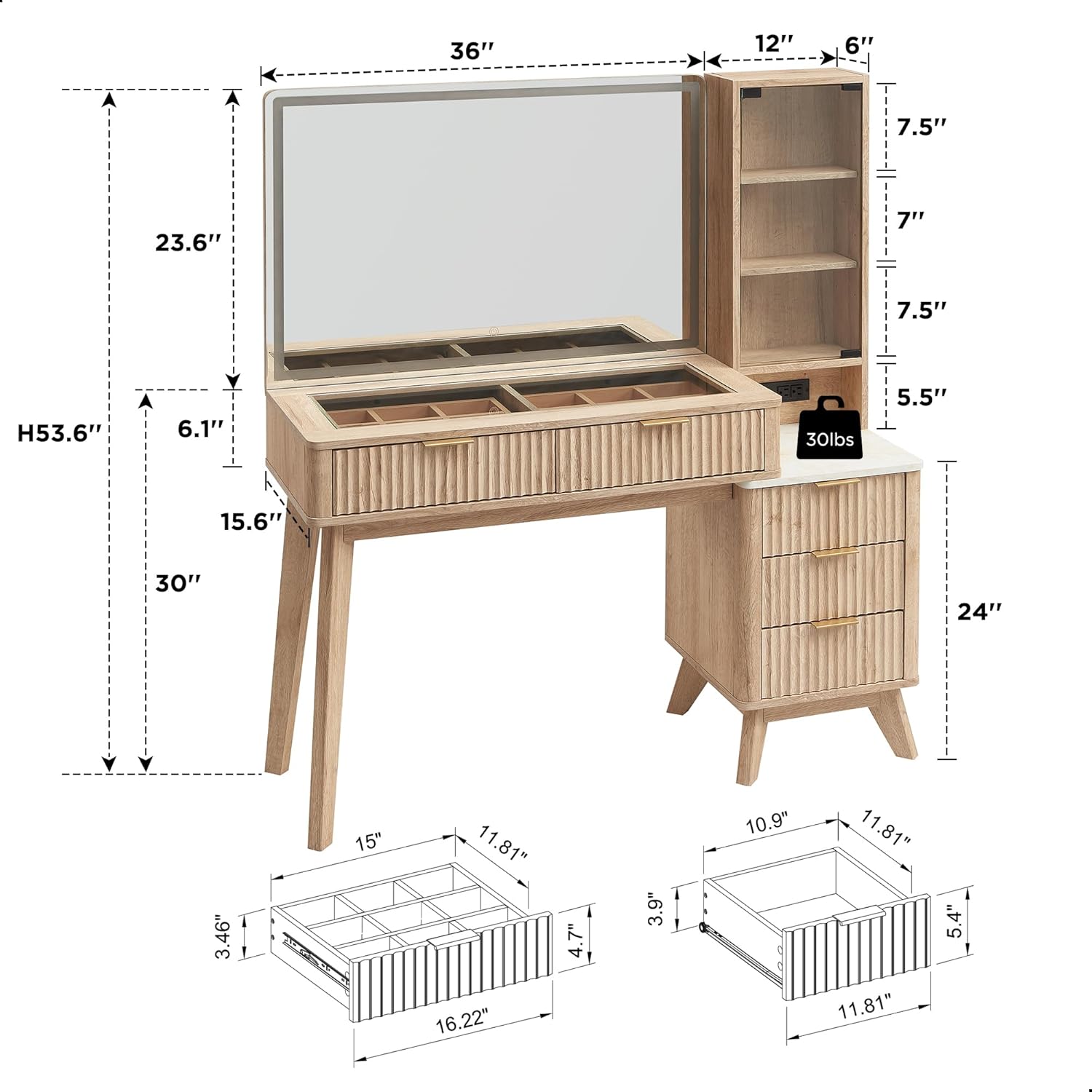 48′′ Fluted Makeup Vanity Desk with Mirror and Lights