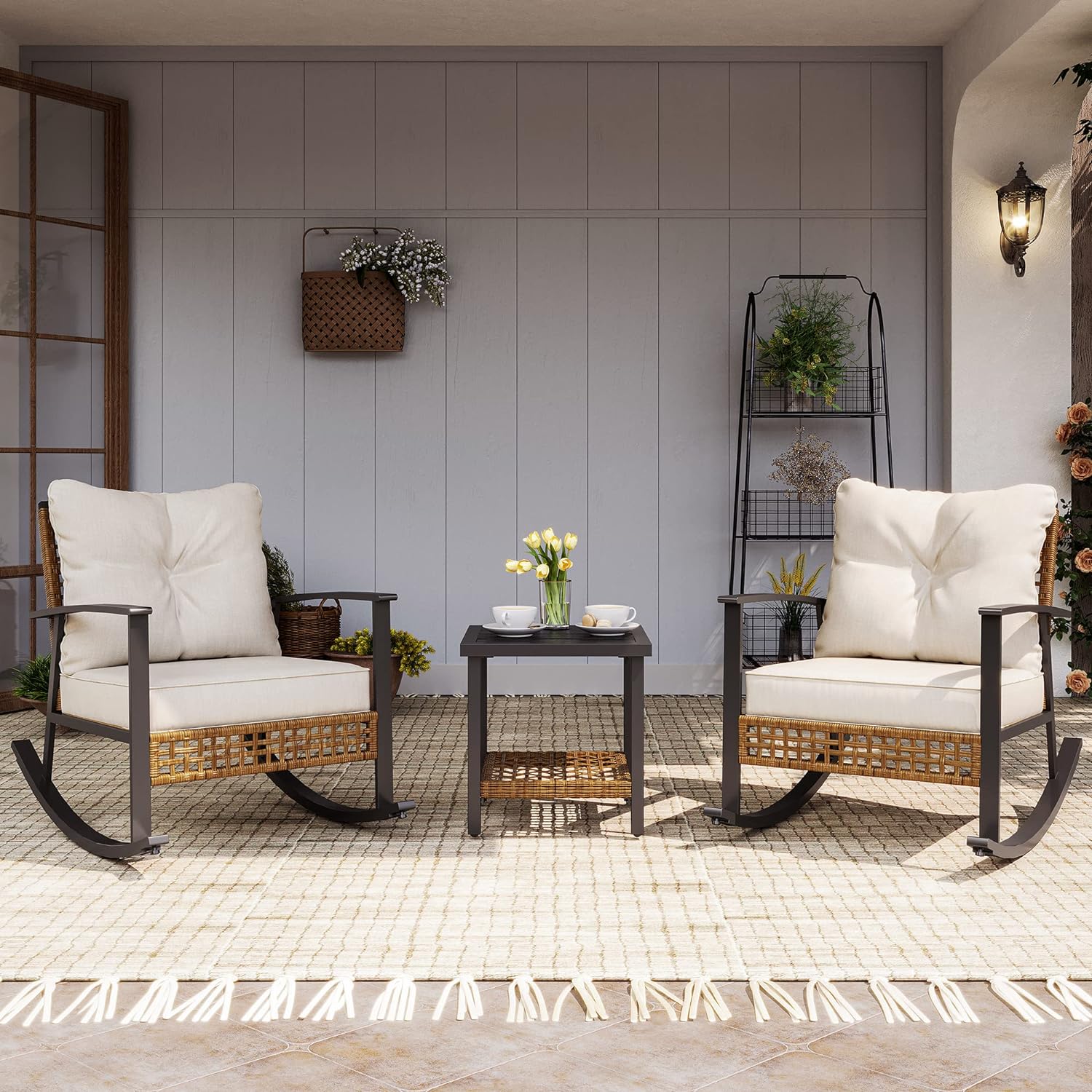 3-Piece Rocking Bistro Set with Thick Cushions
