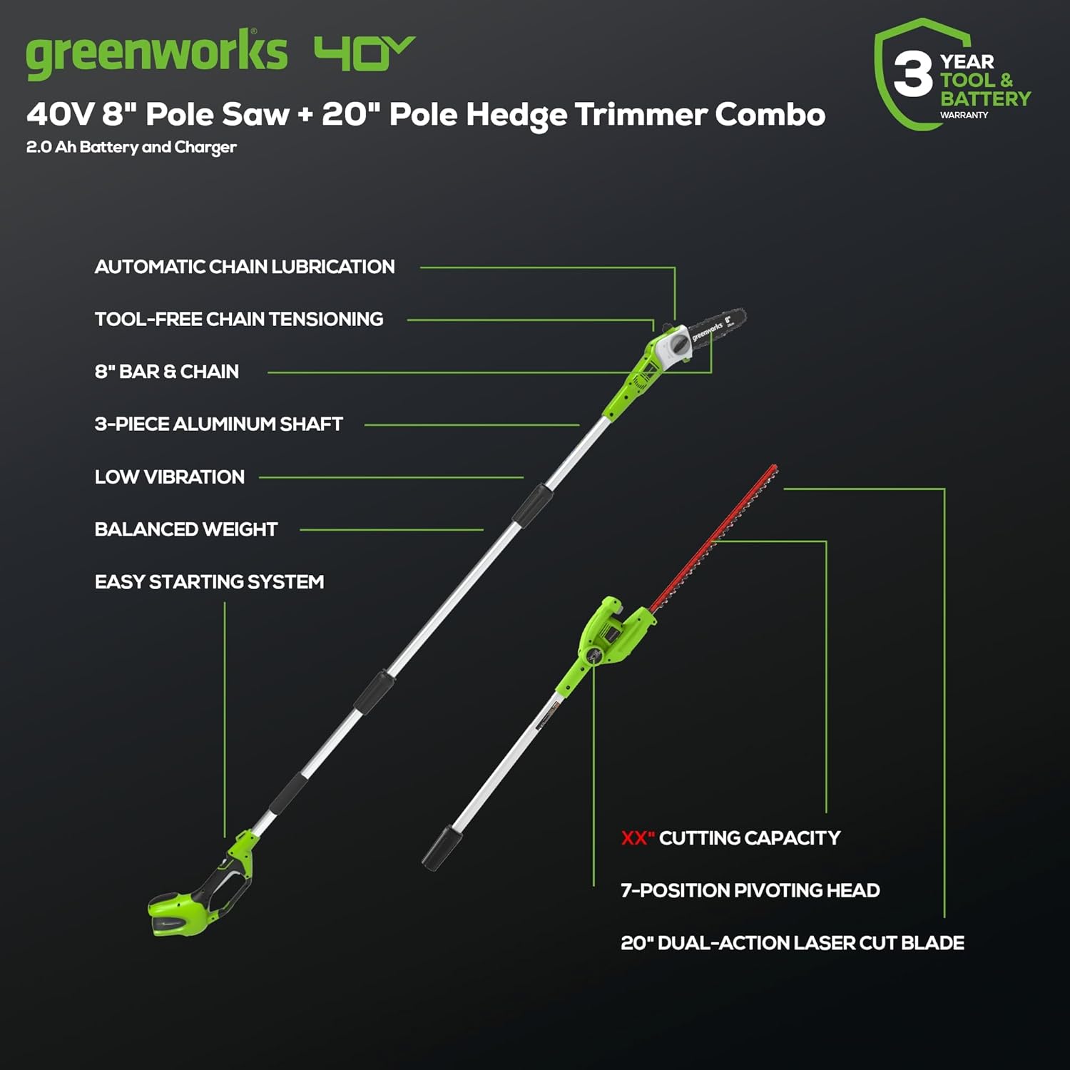 40V 8′′ Pole Saw & Hedge Trimmer with 2.0Ah Battery
