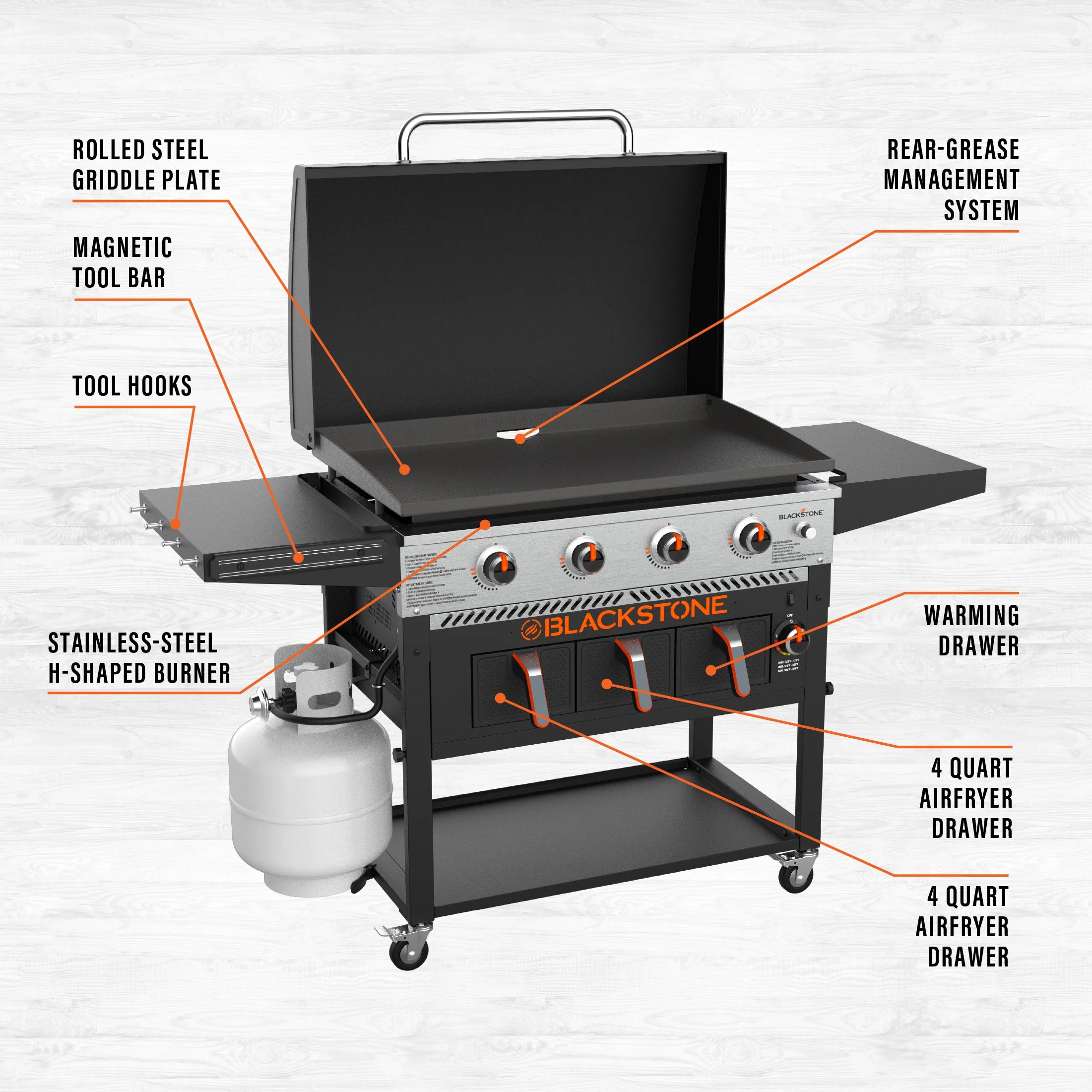Blackstone 4-Burner 36′′ Propane Griddle with Air Fryer and Hood