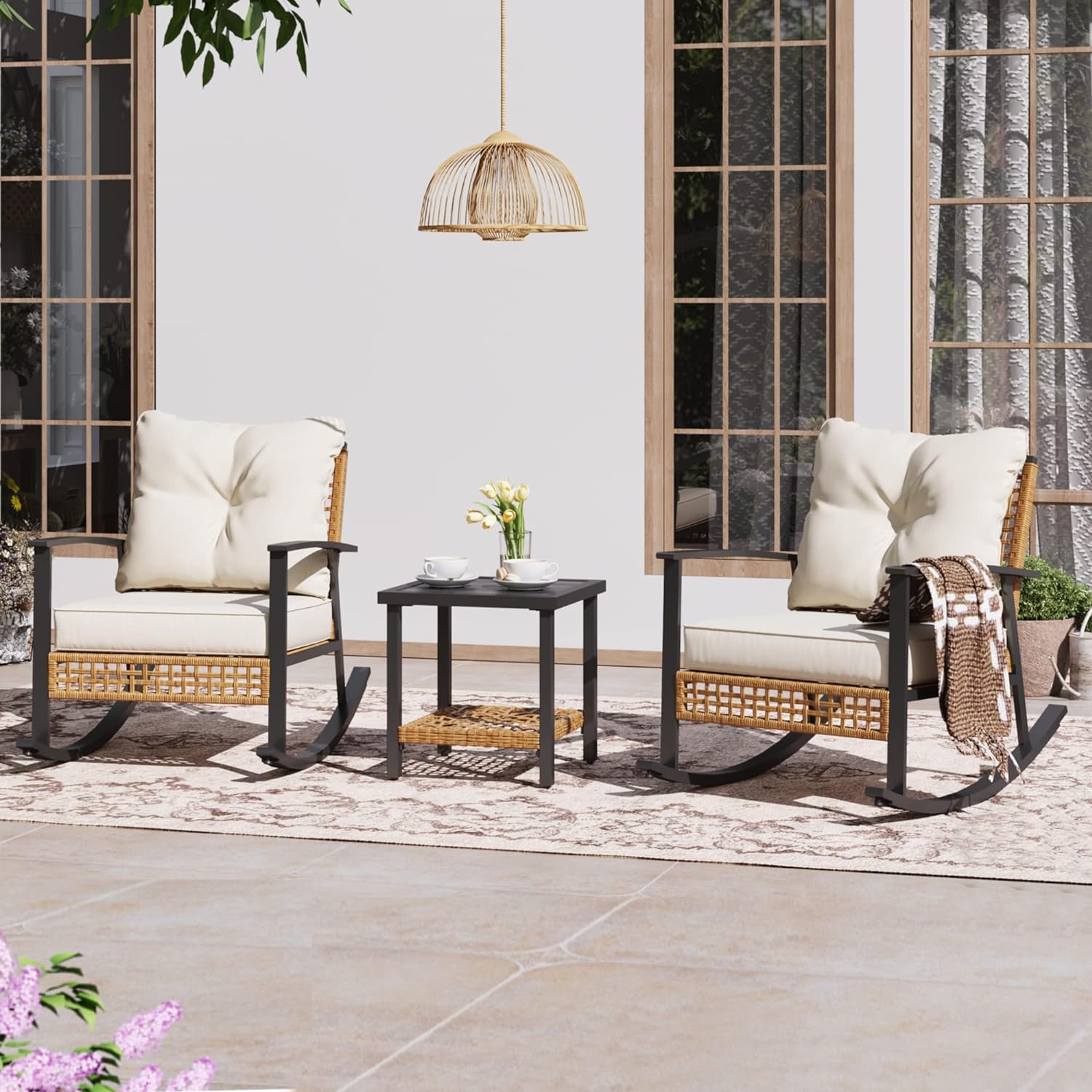 3-Piece Rocking Bistro Set with Thick Cushions