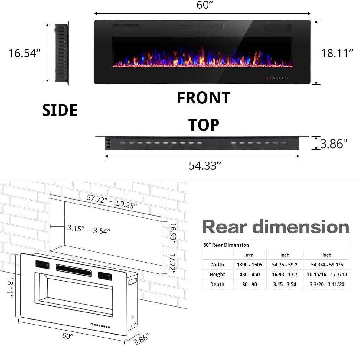 60′′ Electric Fireplace – Remote Control, Adjustable Flames