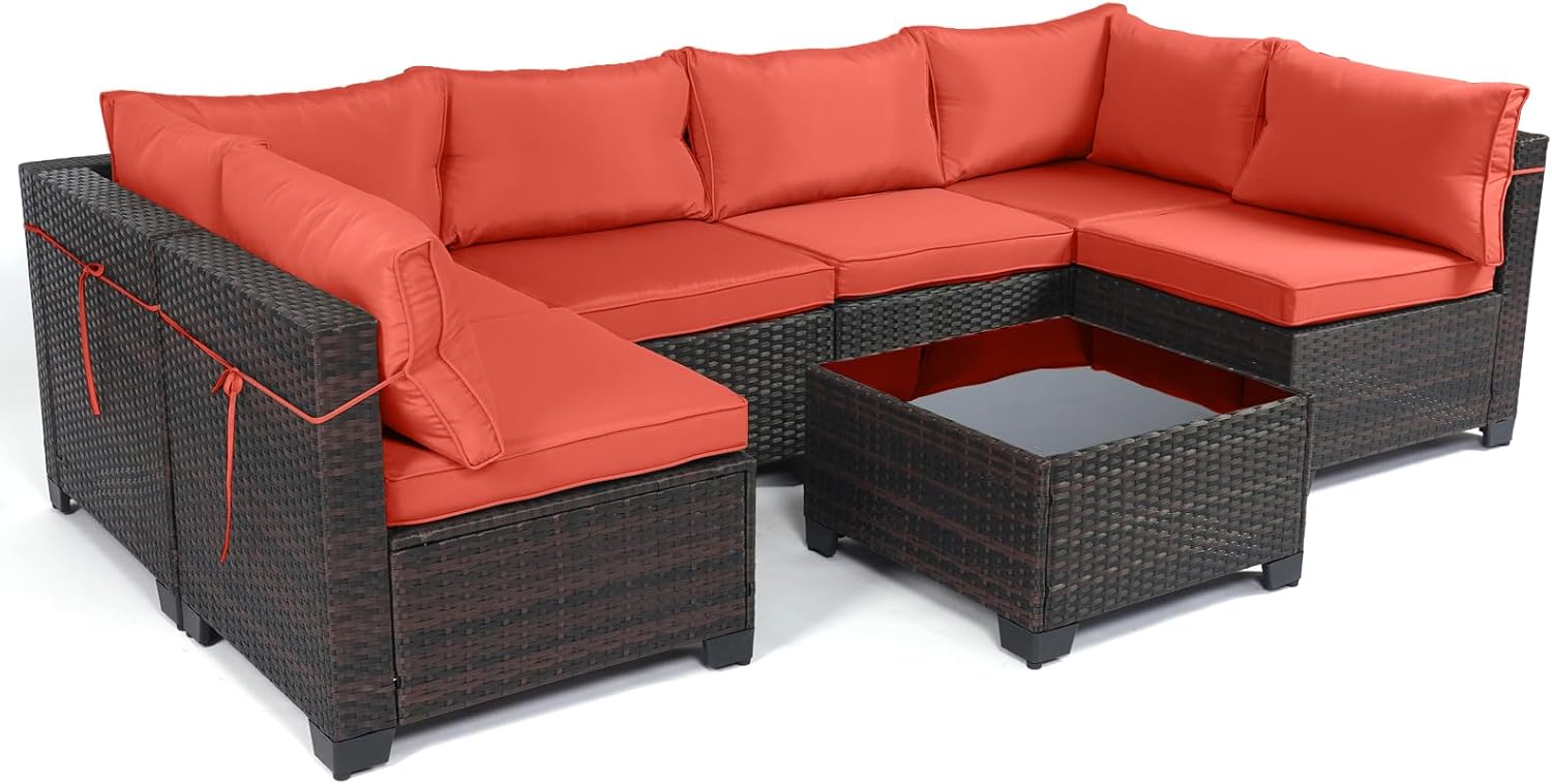 7 Pieces Rattan Patio Furniture Set with Tea Table