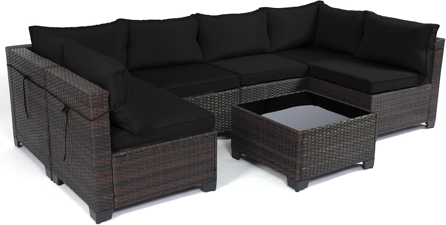 7 Pieces Rattan Patio Furniture Set with Tea Table