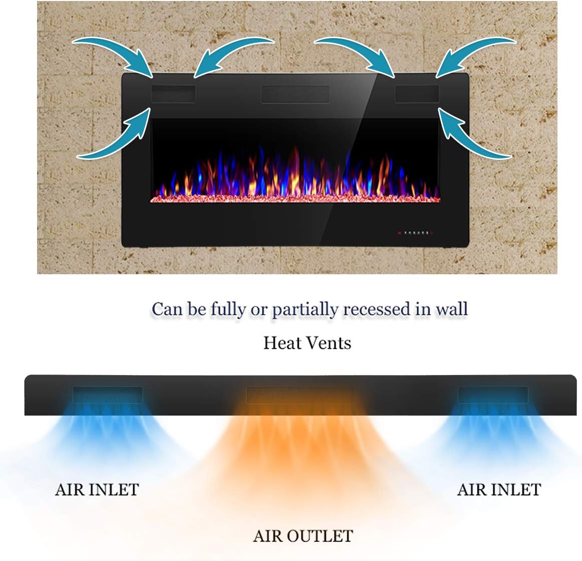 60′′ Electric Fireplace – Remote Control, Adjustable Flames