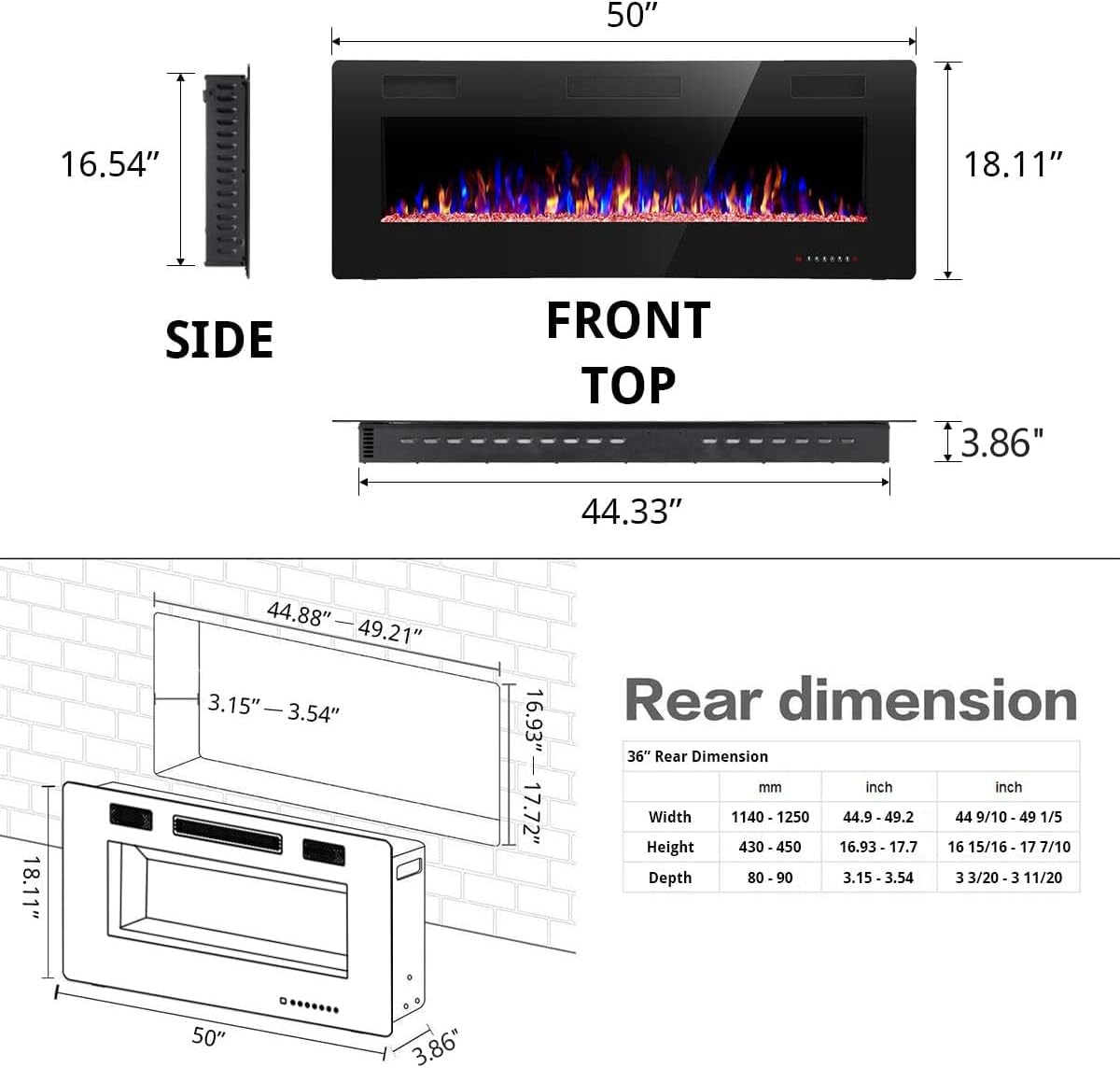 60′′ Electric Fireplace – Remote Control, Adjustable Flames