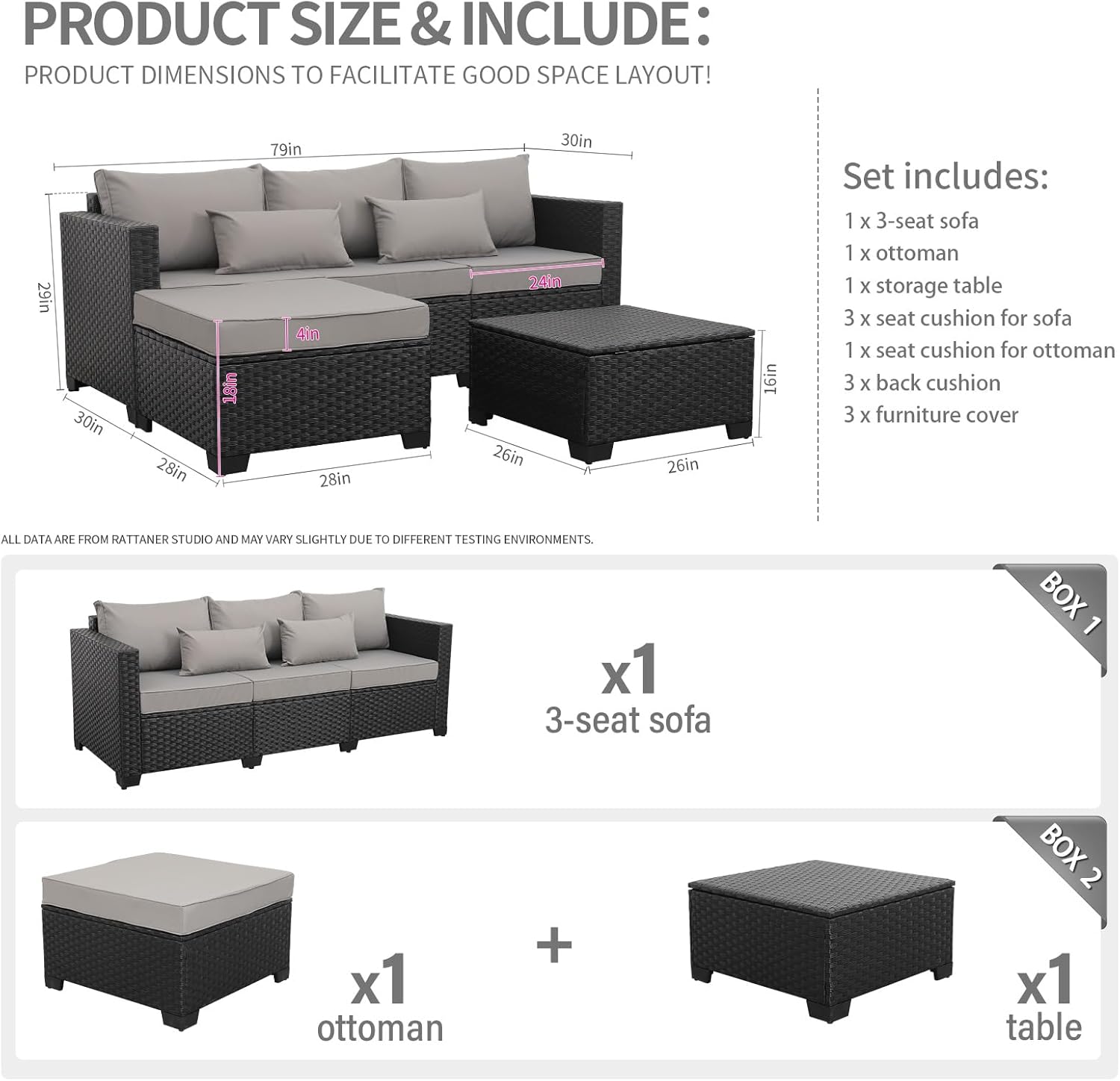 3-Piece Outdoor Sectional Wicker Patio Furniture Set