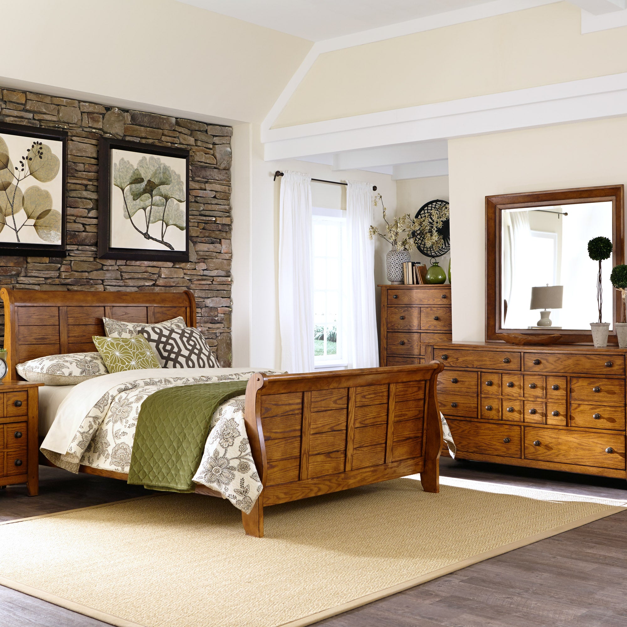 Grandpas Cabin 175-BR-KSLDMN King Sleigh Bed, Dresser & Mirror, Night Stand