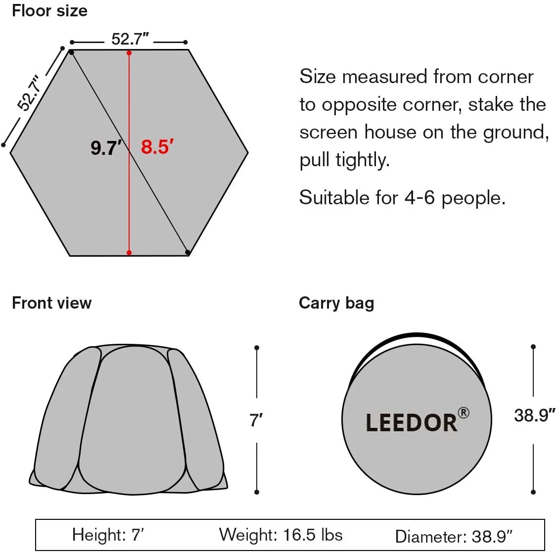 Leedor Screen House Tent Instant Room Shelter Gazebos for Patios Outdoor Canopy 10’x10′ Gray