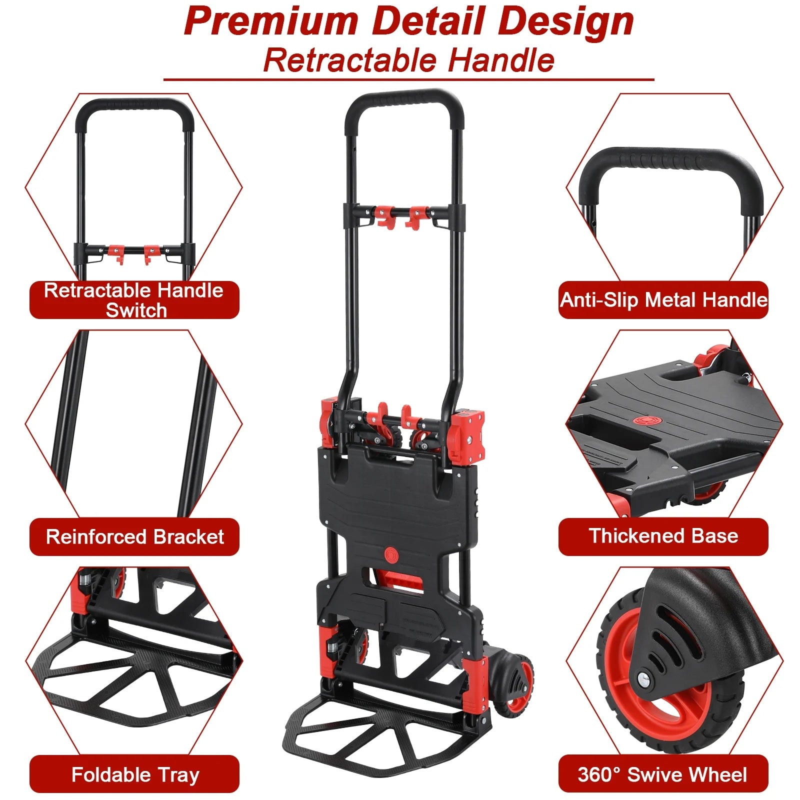 LAZY BUDDY Folding Hand Truck Dolly, 2-in-1 Heavy-duty Platform Cart with 22′′ Folding Basket, Collapsible Utility Luggage Dolly Cart, Red, 330LBS