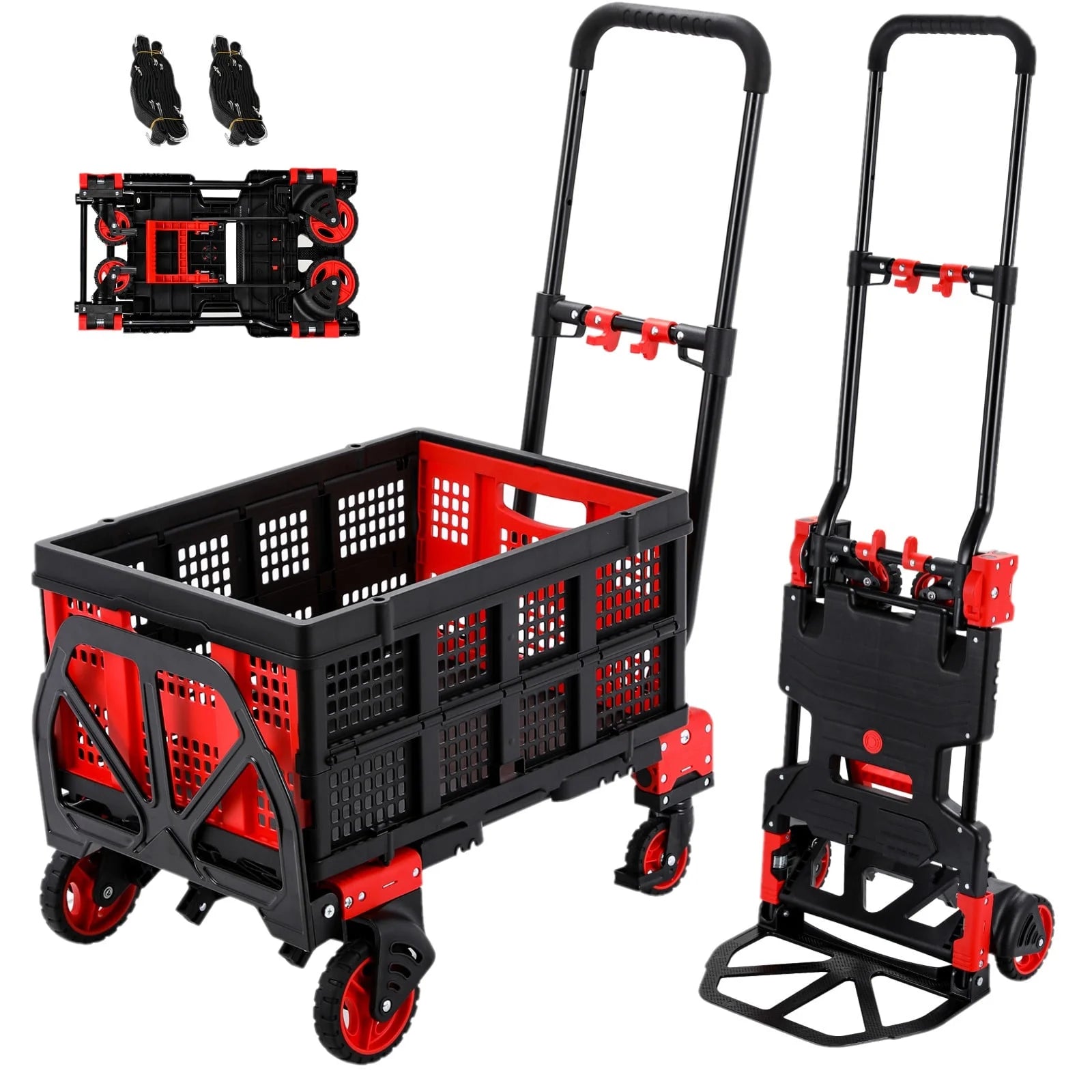 LAZY BUDDY Folding Hand Truck Dolly, 2-in-1 Heavy-duty Platform Cart with 22′′ Folding Basket, Collapsible Utility Luggage Dolly Cart, Red, 330LBS