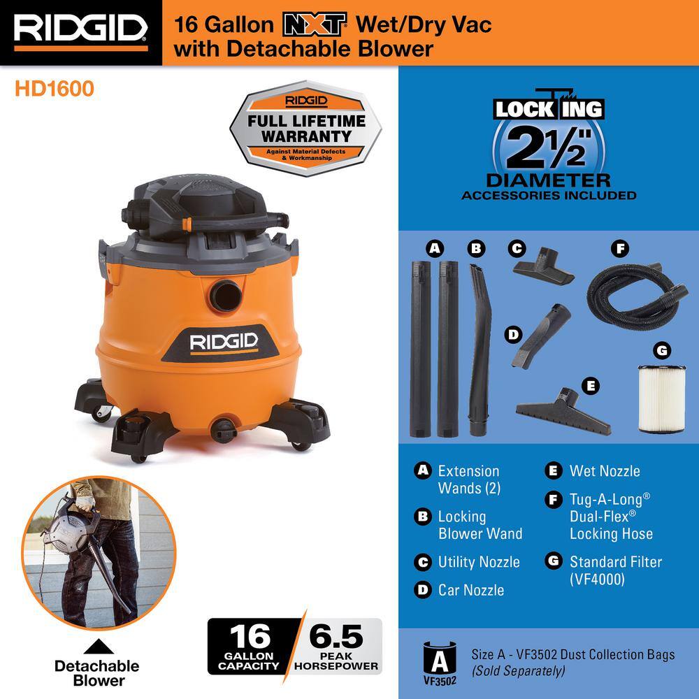 2025 16 Gallon 6.5 Peak HP NXT WetDry Shop Vacuum with Detachable Blower Filter Locking Hose and Accessories HD1600