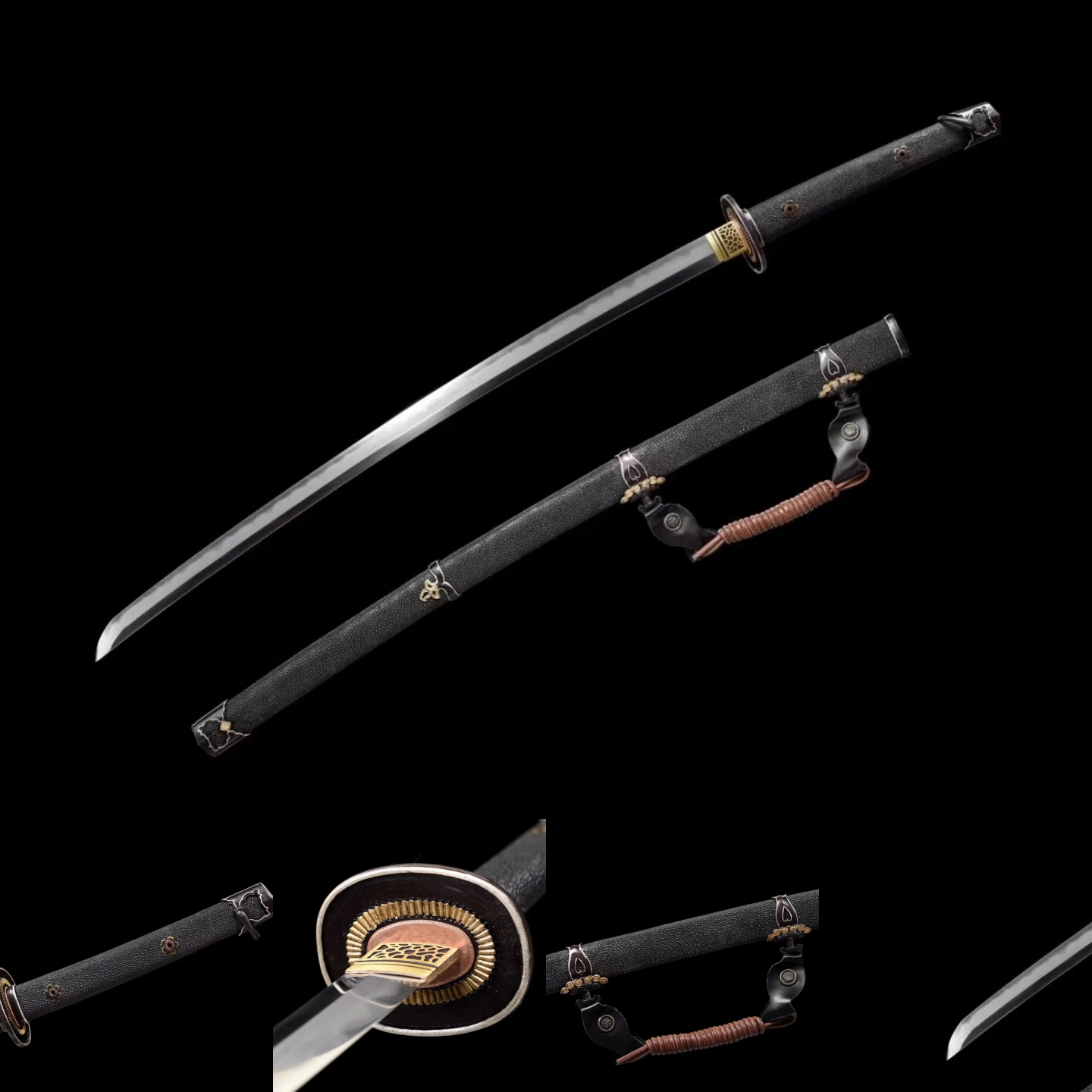 Tachi | Damascus Clay Tempered | Hand forged sharpened | Ray-skin Sheath | Ray-skin Handle | Copper Gilded Glided silve Accessories | High performance | Razor sharp | Battle-ready | Full-tang - Spartan Blades Club - 陳氏劍莊1892