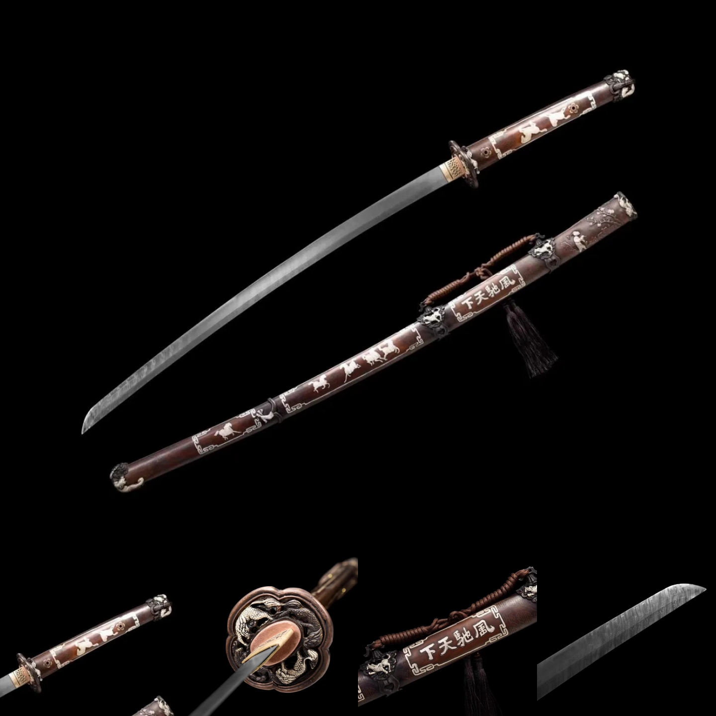 Tachi | Damascus | Hand sharpened | Hand forged | Copper Gilded Glided silver Accessories Sheath Handle | High performance | Razor sharp | Battle-ready | Full-tang - Spartan Blades Club - 陳氏劍莊1892