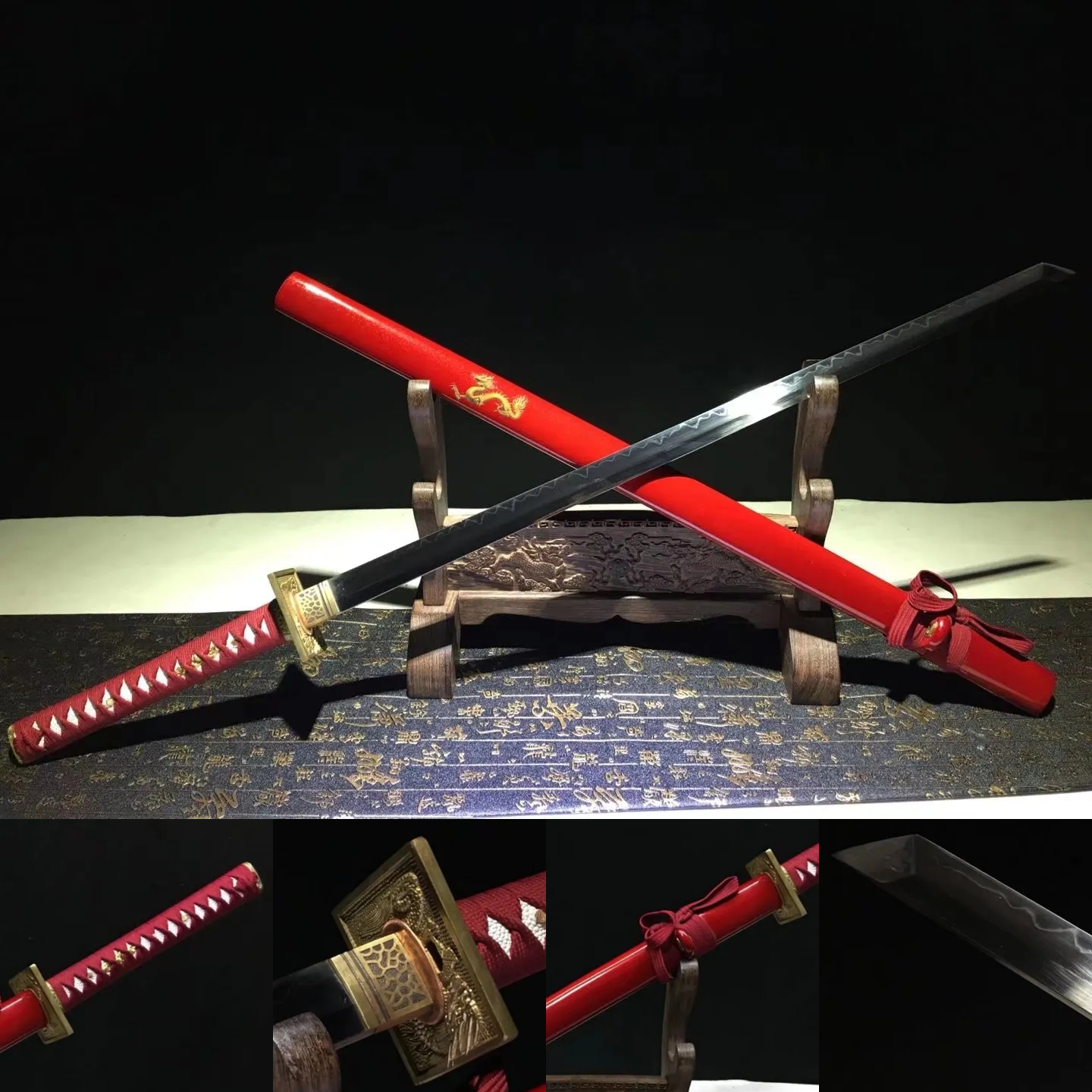 Katana | Copper Accessories | T10 Steel Clay tempered | Red Lacquer Sheath Dragon |  Real hamon | Hand forged | Razor sharp |  Full-tang - Spartan Blades Club - 陳氏劍莊1892