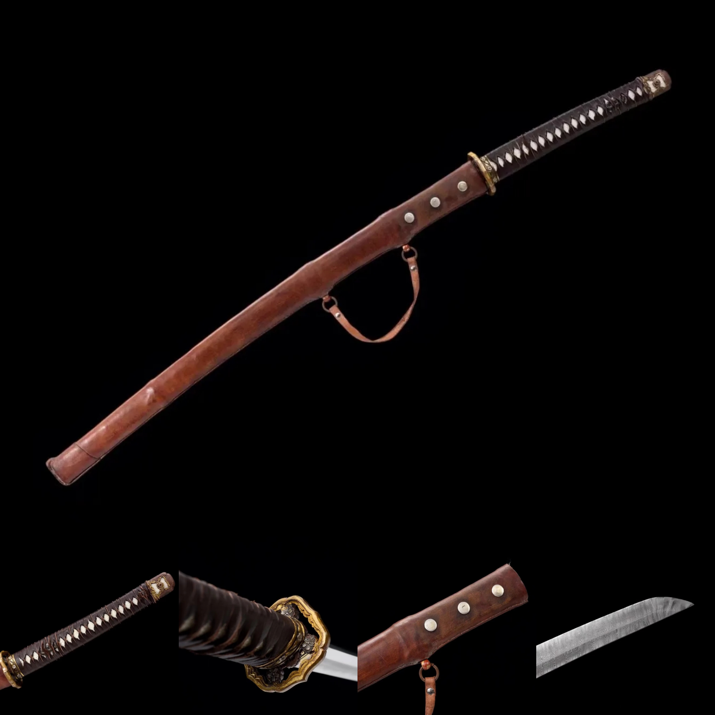 Tachi | Damascus Real hamon | Leather Sheath | Hollow out Copper Gilded Glided silver | Hand sharpened  | High performance | Razor sharp | Battle-ready | Full-tang - Spartan Blades Club - 陳氏劍莊1892