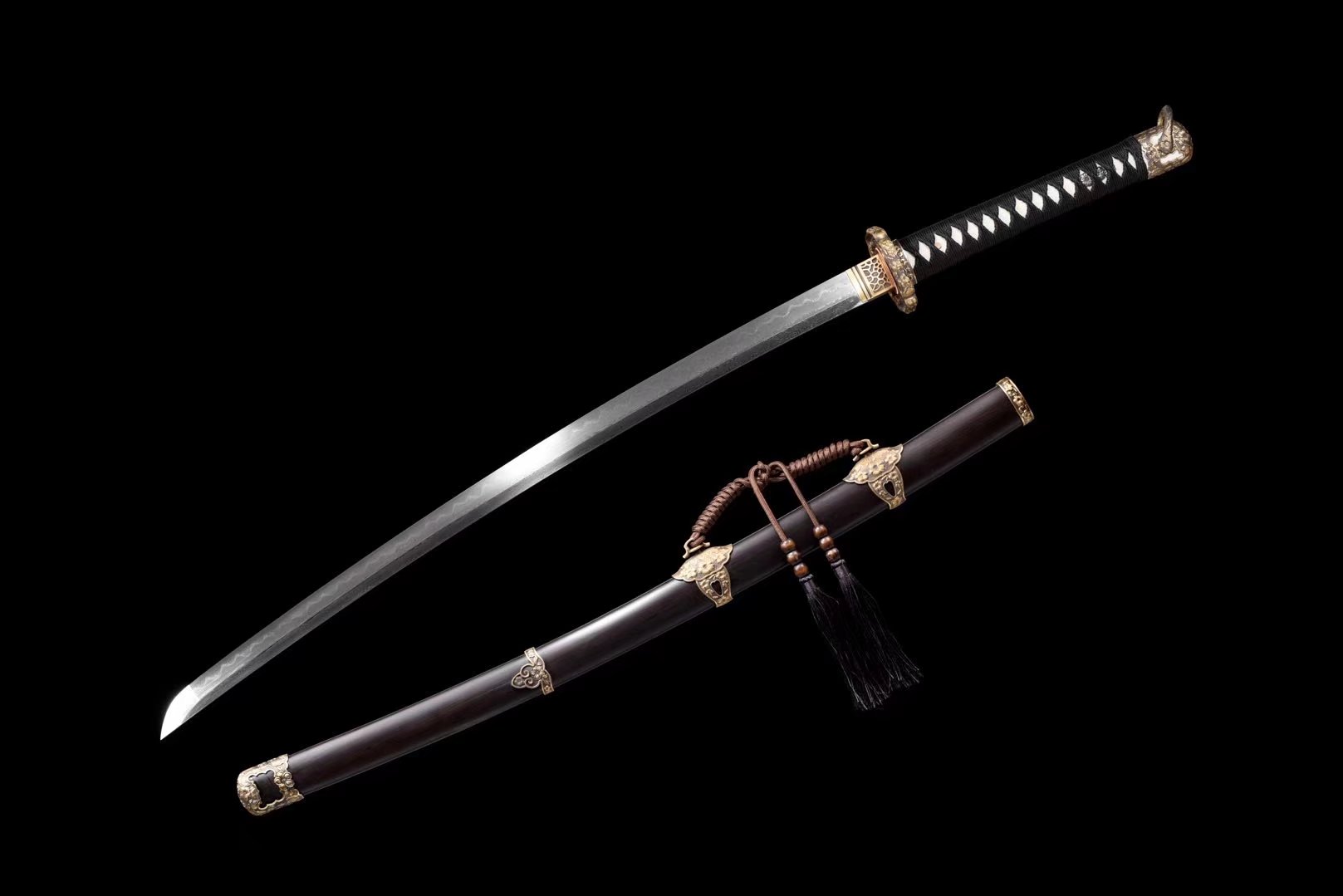 Tachi | Damascus Clay Tempered | Ebony Sheath| Copper Handle | Hand forged | Hand sharpened |  Ray-skin Handle | Battle-ready | Full-tang - Spartan Blades Club - 陳氏劍莊1892