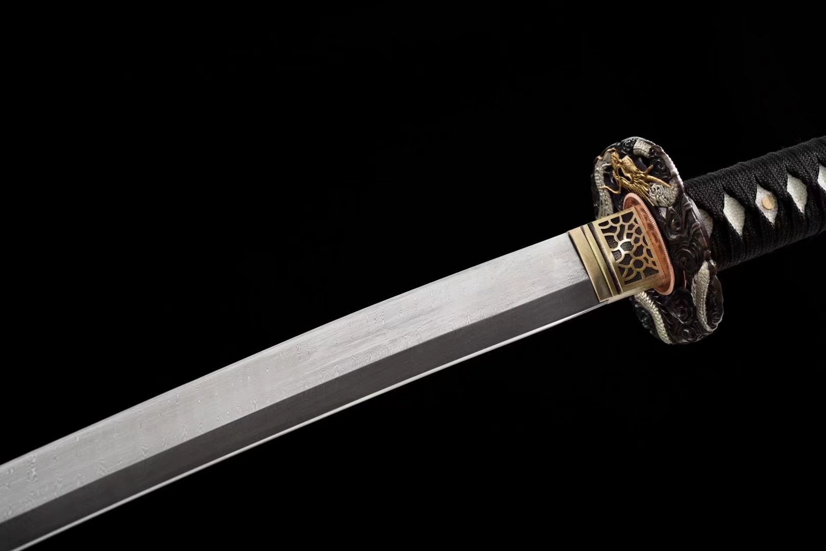 Katana |  Damascus | Real hamon | Copper Hollow out Gilded Glided silver | Wooden Lacquer | Hand forged | Battle-ready | Full-tang - Spartan Blades Club - 陳氏劍莊1892