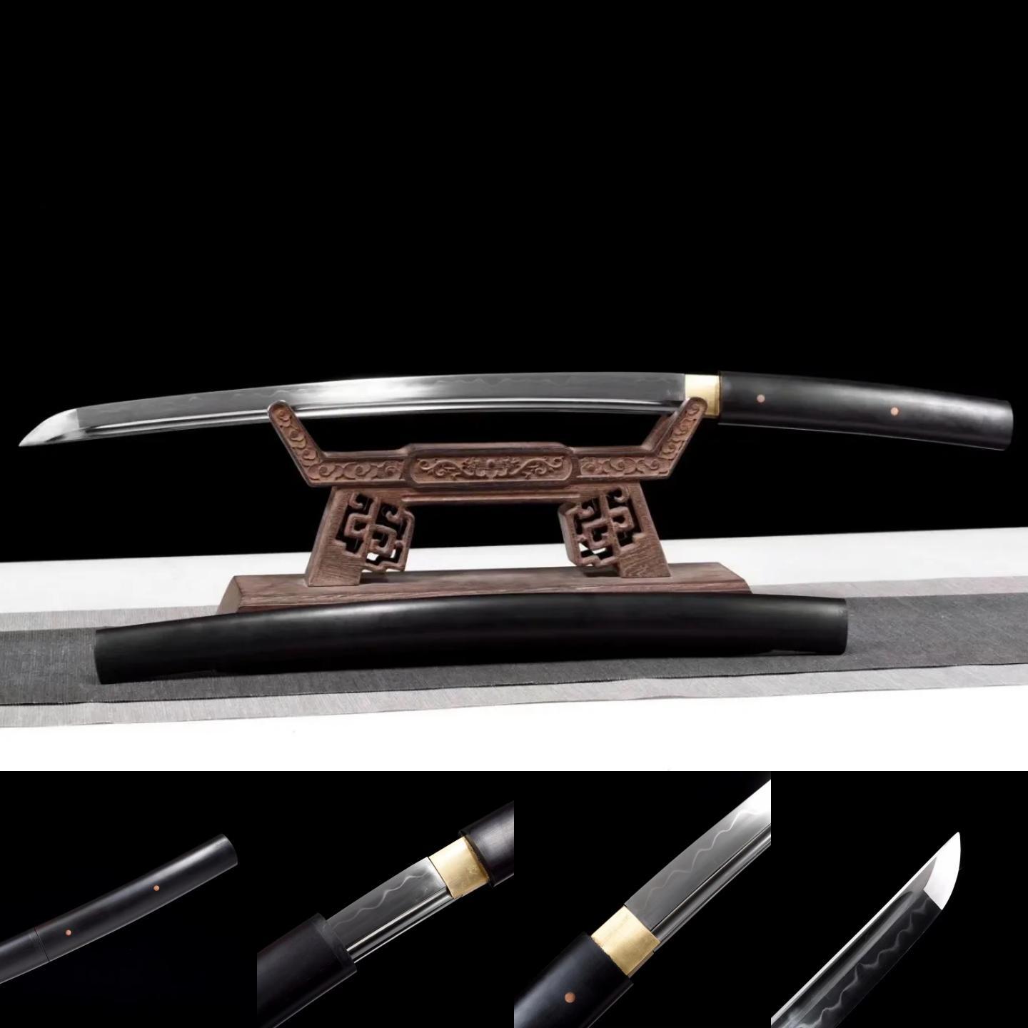 Wakizashi | T10 Steel Clay tempered | Copper Accessories | Ebony Sheath | Ebony Handle | Real Hamon | Hand forged sharpened | Full-tang | Battle-ready | Razor sharp | High performance - Spartan Blades Club - 陳氏劍莊1892