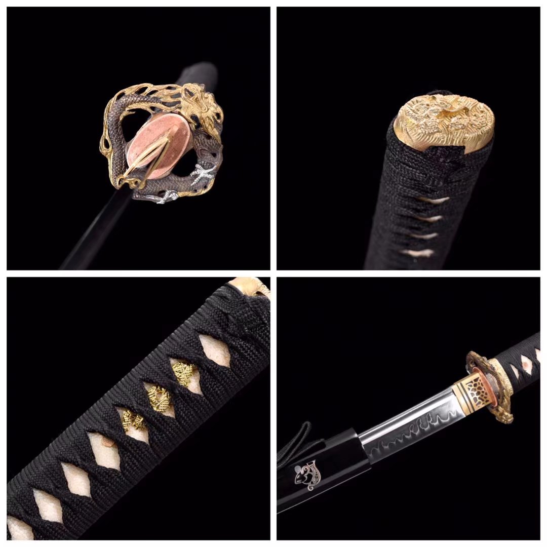 Katana | T10 Steel Clay-Tempered | Real hamon | Dragon | Black | Wooden Lacquer sheath | High performance | Battle-ready | Razor sharp | Full-tang - Spartan Blades Club - 陳氏劍莊1892