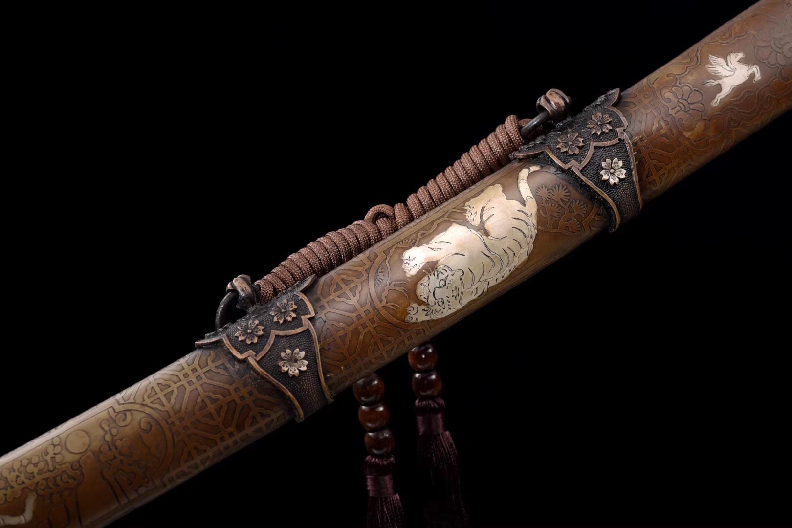 Tachi | Damascus Real hamon | Copper Gilded Glided silver Sheath Accessories Handle  | High performance | Battle-ready | Full-tang - Spartan Blades Club - 陳氏劍莊1892