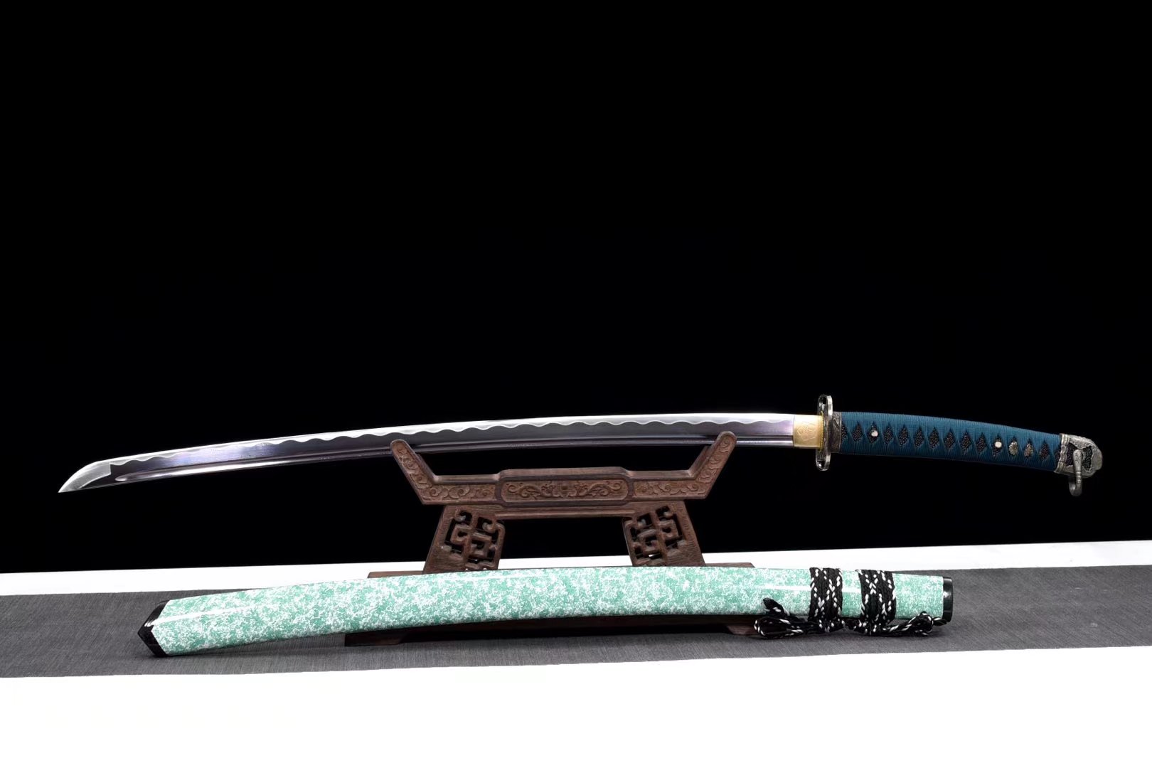 Katana | Damascus Steel Heat-colored |  Wooden Lacquer Sheath | Hand forged | sharp |  Battle-ready |  Full-tang | Green | Flower - Spartan Blades Club - 陳氏劍莊1892