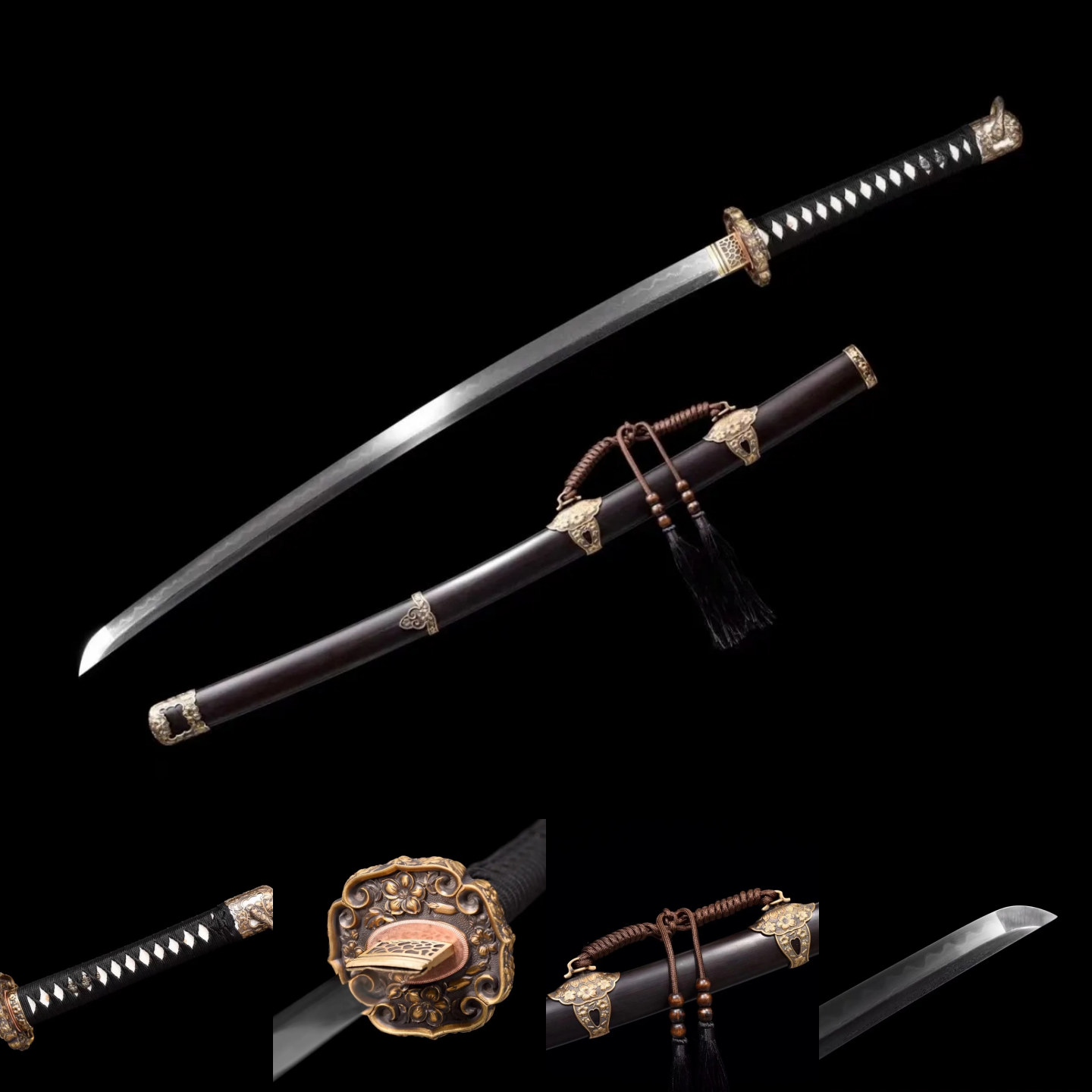 Tachi | Damascus Clay Tempered | Ebony Sheath| Copper Handle | Hand forged | Hand sharpened |  Ray-skin Handle | Battle-ready | Full-tang - Spartan Blades Club - 陳氏劍莊1892